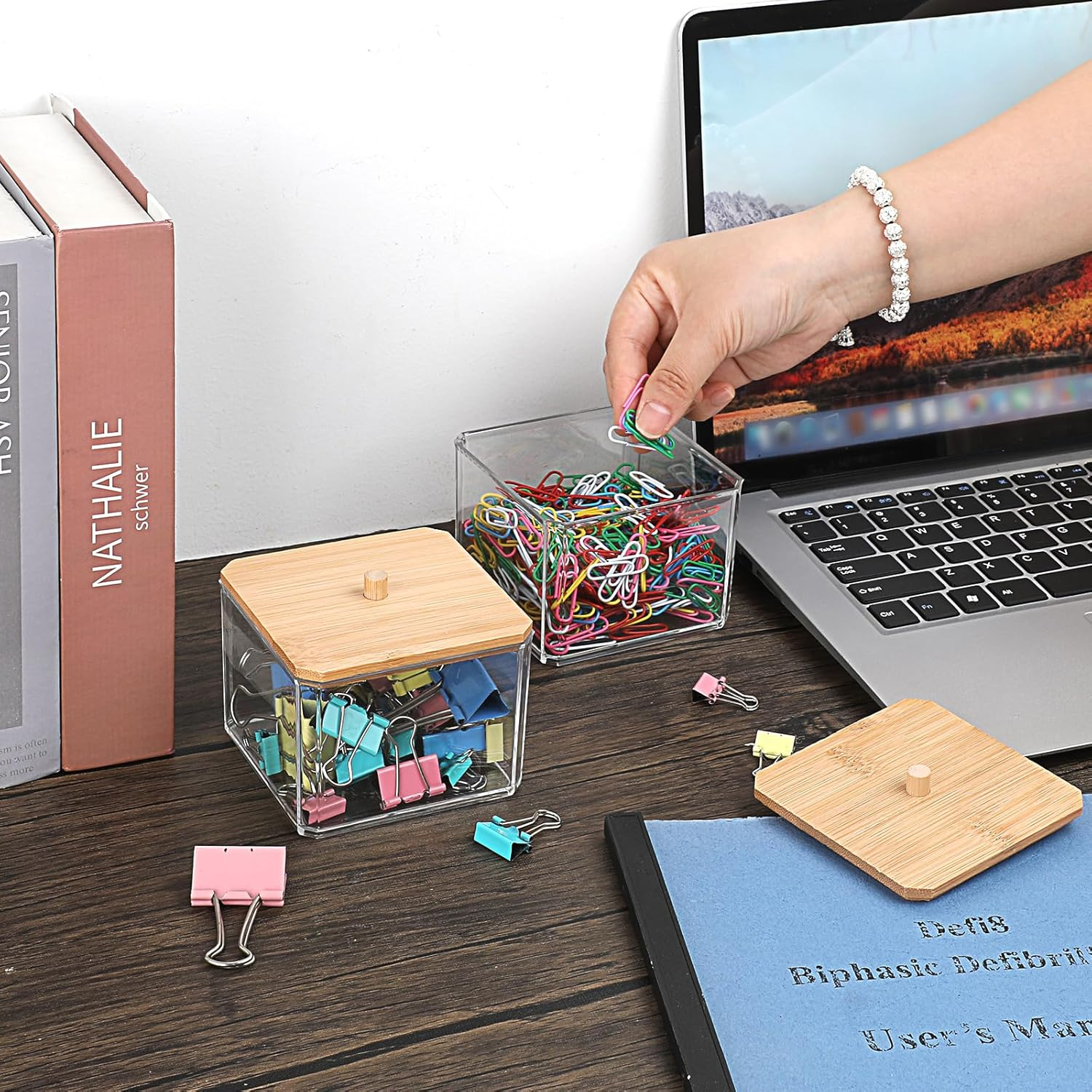 BTSKY 2 Pack Clear Stackable Paper Clip Holder with Bamboo Lid Paperclip Box Thick Acrylic Office Supply Accessory Organizer Square Small Storage Holder Cute Qtip Holder for Office Bathroom Vanity image number 2