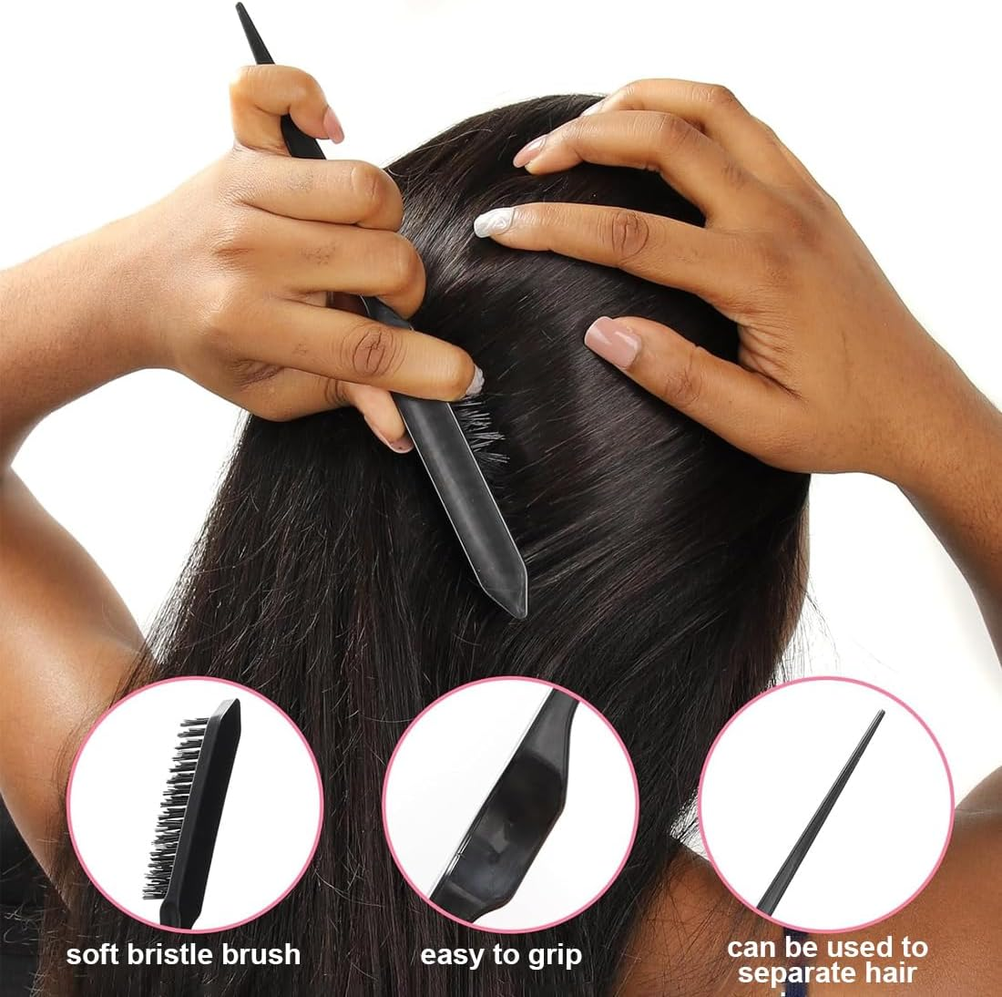 JRYXDS Sleek Bun Brush Set Double Edge Brush Rat Tail Comb Bristles Haircut Hair Comb for Hairdresser Women Baby Children (Black) image number 3