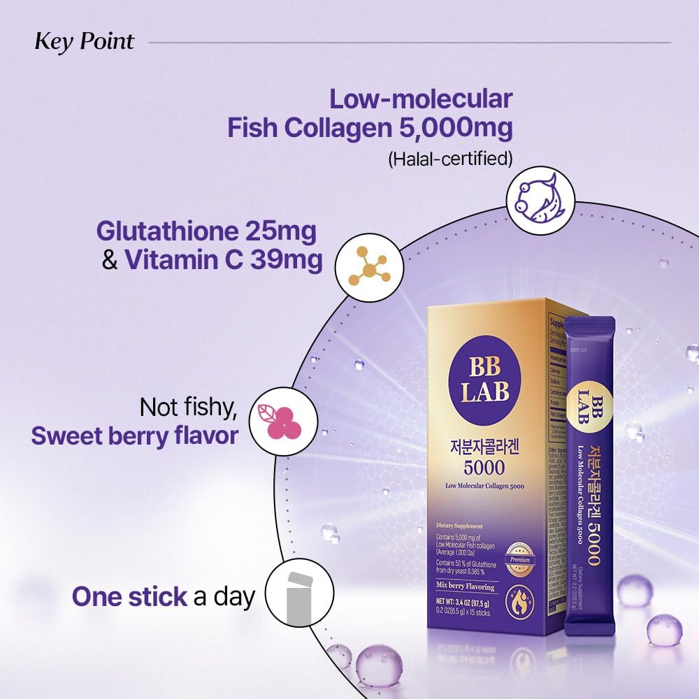BB LAB Low Molecular Collagen 5000, Powder Type Korean Marine Collagen, Fish Collagen Peptides, Hyaluronic Acid, Elastin, Glutachione, Vitamin C, Fast Absorb, Mix Berry Flavor, Anti-Aging, Brightening