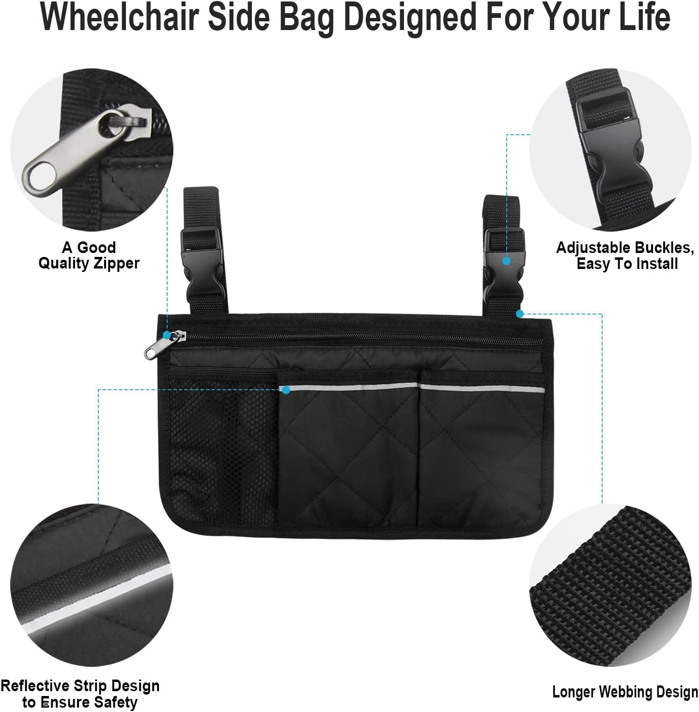 Wheelchair Bag with Adjustable Straps, 12.5" X 7" (32 Cm X 18 Cm) Storage Organizer Pouch, Fits Most Wheelchairs, Walkers, Rollators and Mobility Scooters, Black, Damaill image number 3