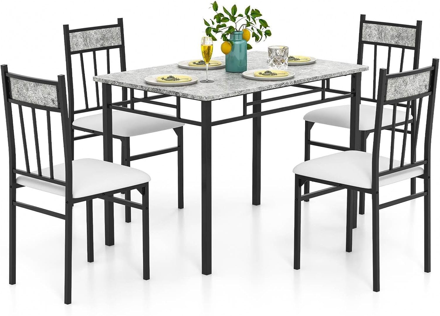 Costway 5-Piece Dining Table Set for 4, Space-Saving Kitchen Table Set with Faux Marble Design & Metal Frame, Dinner Table & Padded Chair Set for Dining Room image number 3
