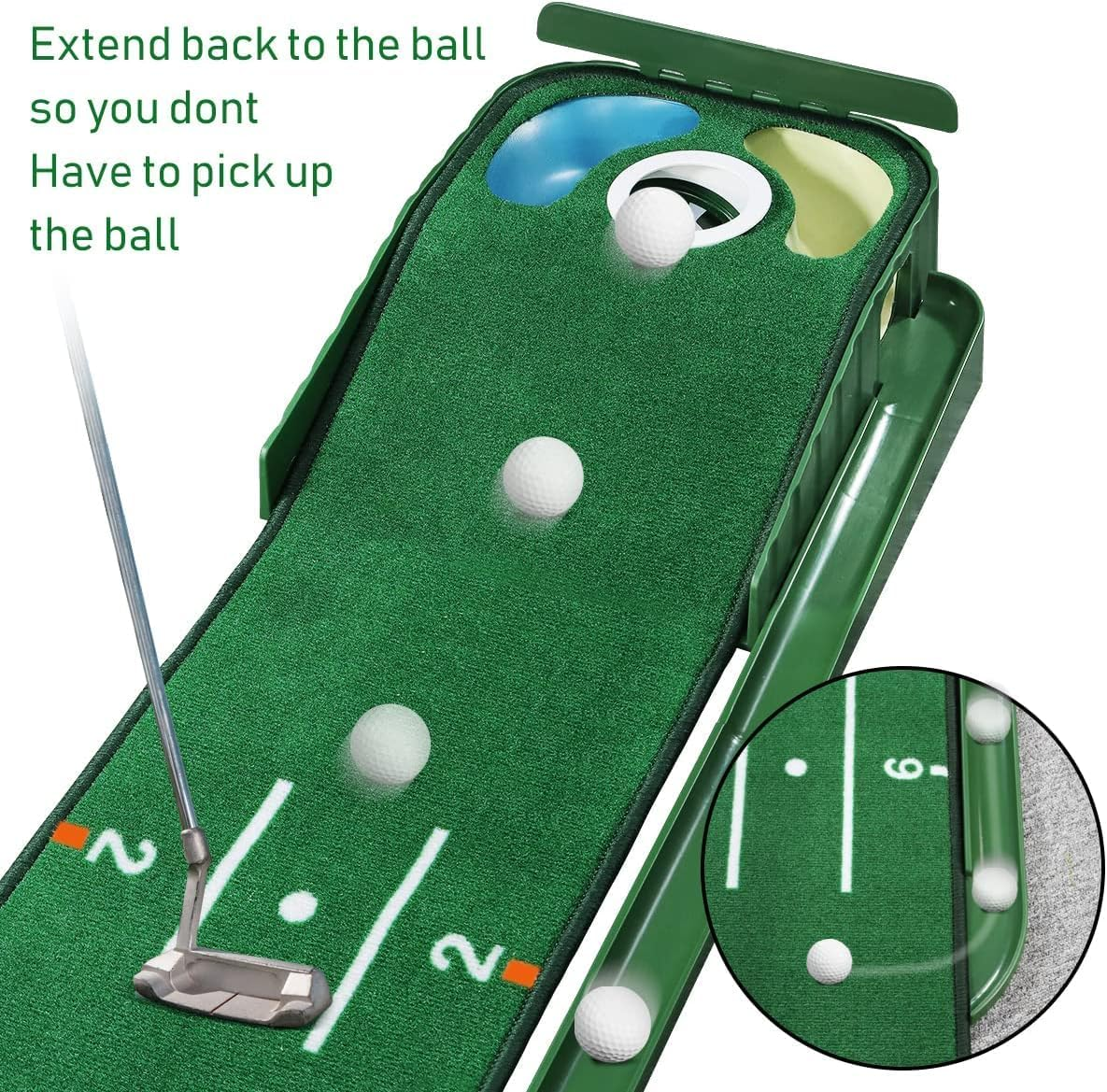Golf Putting Mat, Green for Indoors, Matt with Ball Return and 3 Holes, Training and Practice Aid at Home or Office, Gifts Accessories for Men image number 2