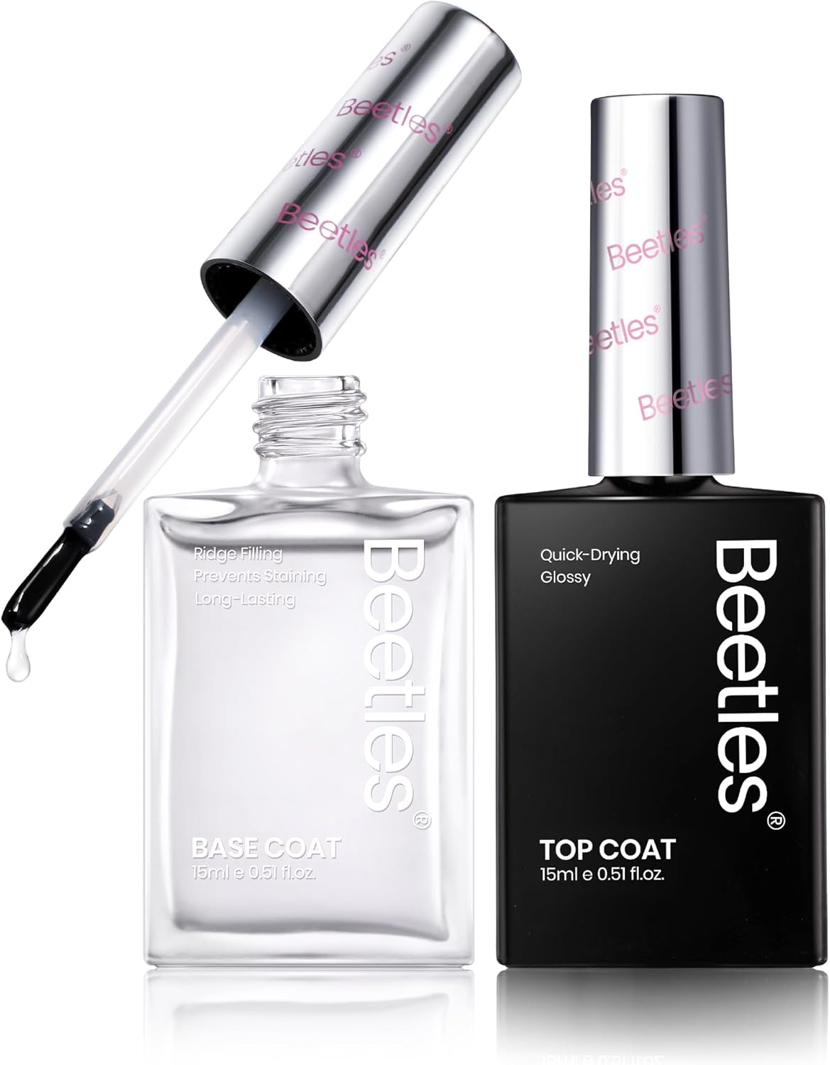 Beetles 2 Pcs 15Ml No Wipe Gel Top Coat and Base Coat Set - Shine Finish and Long Lasting, Soak off LED Gel Base Top Coat Glossy Shine Finish