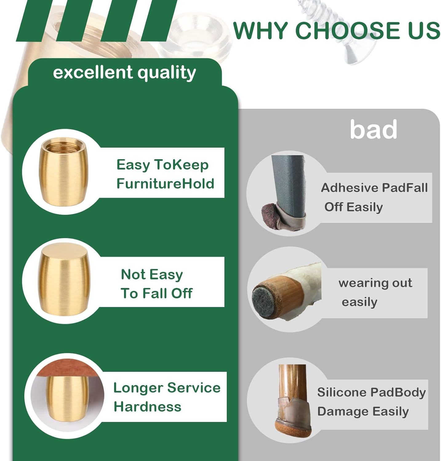 Brass Cutting Board Feet, Chopping Board Feet Set with Silicone Nonslip Pads, Stainless Steel Screws and Brass Washers - Suitable for Kitchen Utensils and All Kinds of Furniture（Drum Shape 4PCS）