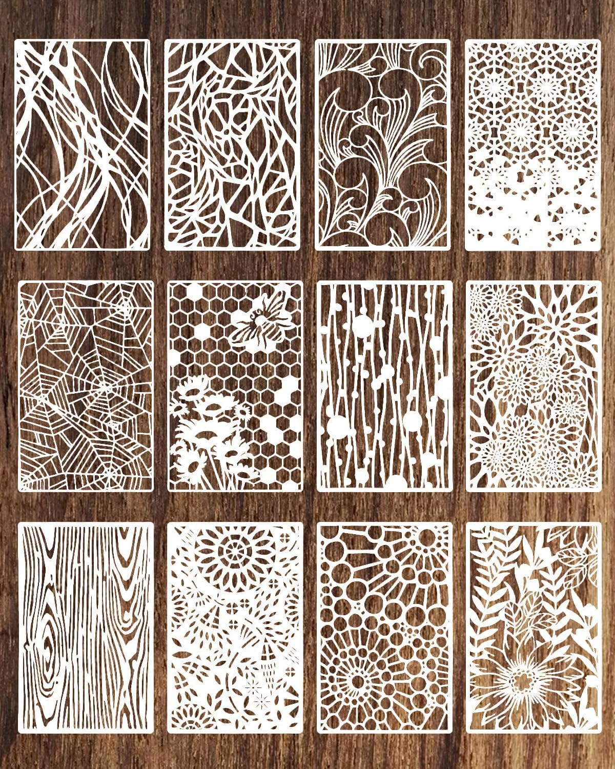 12Pcs Stencils for Crafts Reusable, Flower Leaf Texture Mixed Stencils for Painting, Geometric Spider Web Templates Abstract Layering Spray Paint on Wood Furniture Card Canvas Paper Scrapbook image number 1