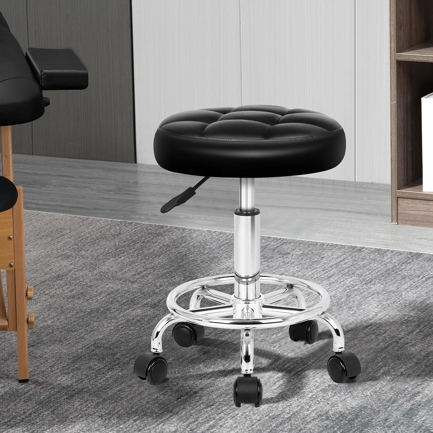 ALFORDSON PU Leather Salon Stool Riley Series, Office Drafting Rolling Stools in 52-67Cm Adjustable Height, Swivel Spa Chair with Footrest Wheels for Barber Shop Massage Table, Black image number 2