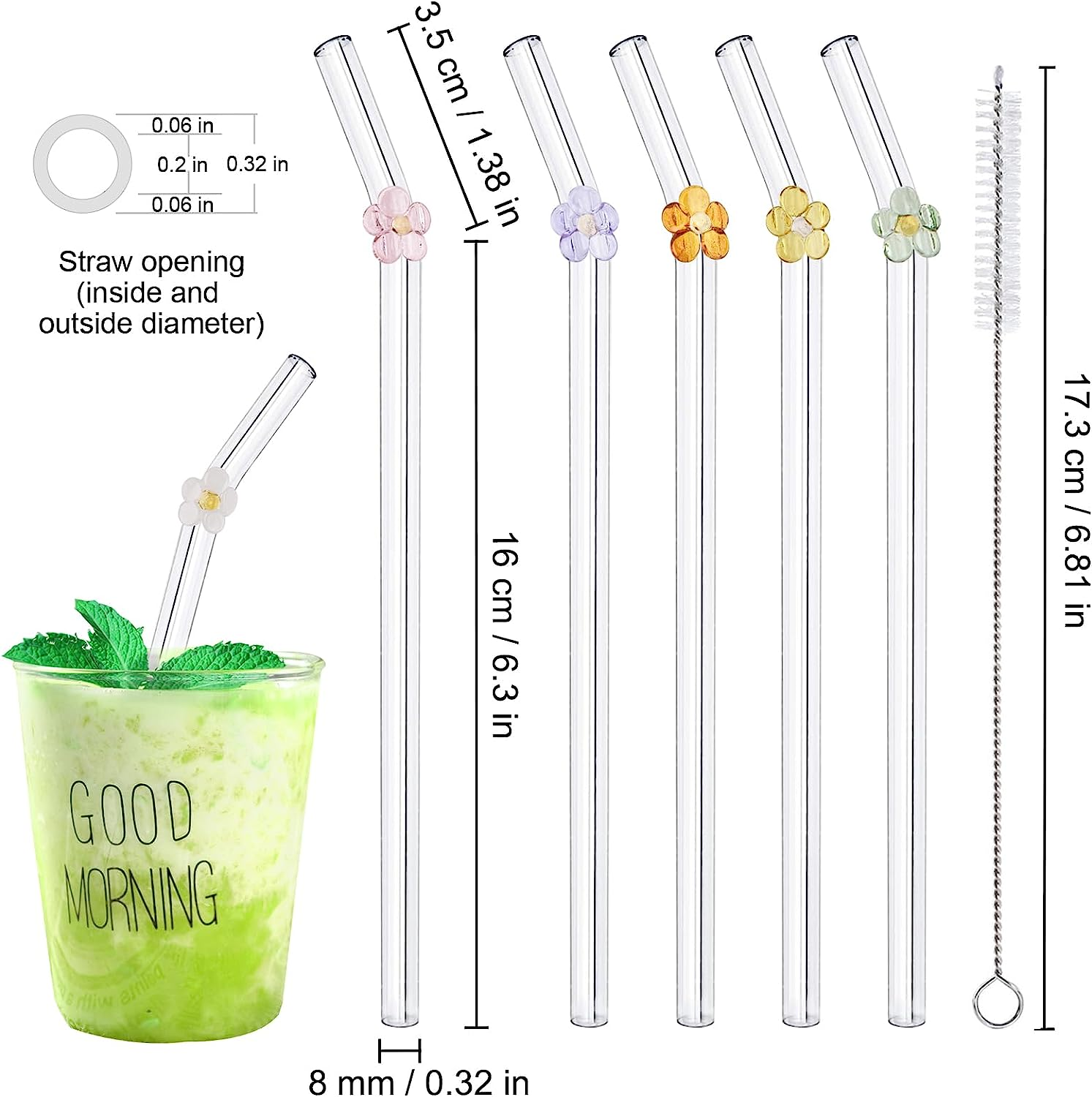 8Pcs Reusable Drinking Straws, Flower Glass Straws, Food Grade Reusable Straw with 2Pcs Cleaner Brush, Cute Clear Glass Straws with Design for Drinking Smoothies, Juices, Shakes, Cocktails image number 6