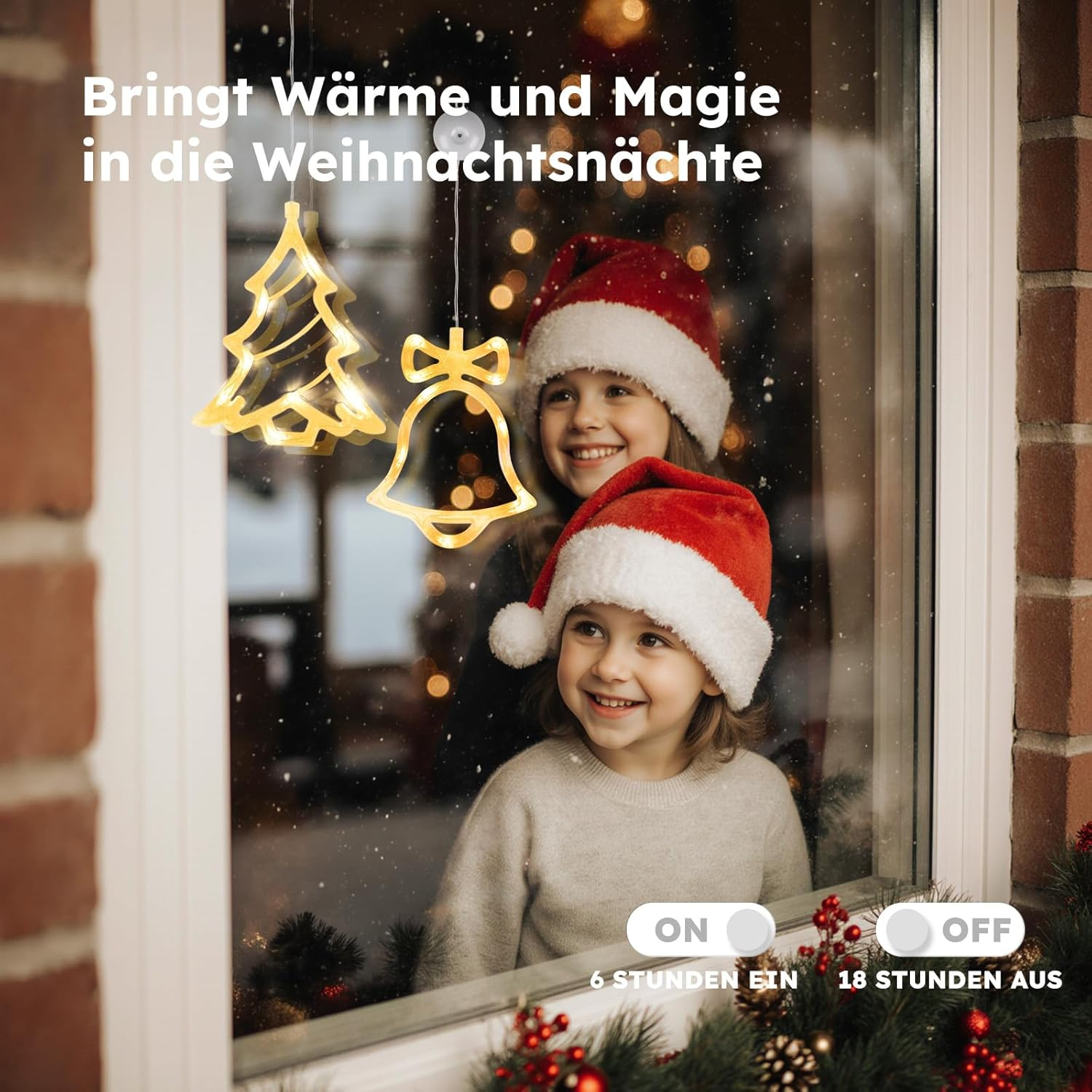 LEDYA Christmas Window Lights, Pack of 2 Bell & Christmas Tree, Warm White Fairy Lights, Battery Operated with Suction Cup & Timer, Window Fairy Lights for Christmas Decoration, Party, Wedding image number 5