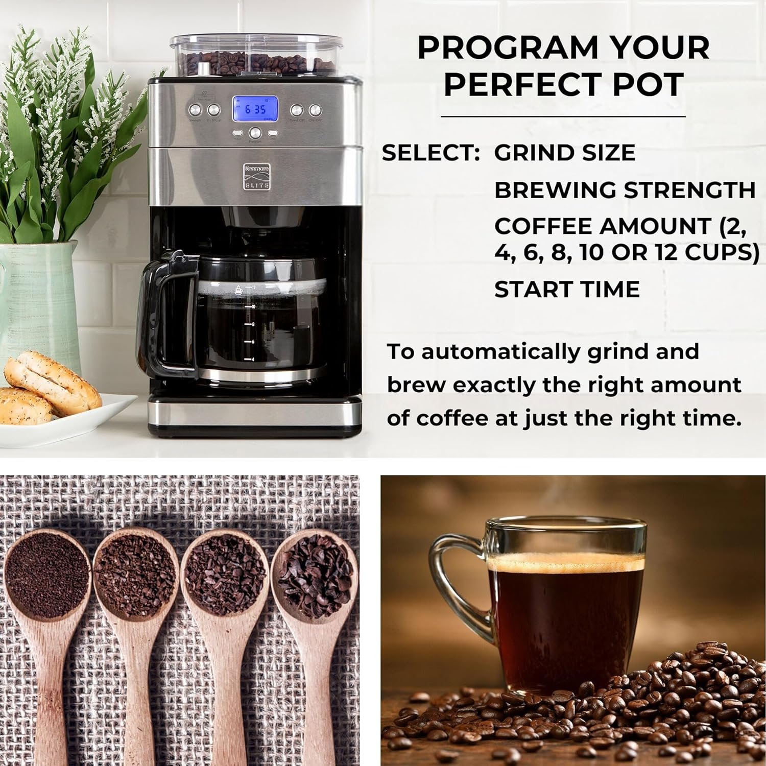 Kenmore Elite Grind and Brew Coffee Maker W/Burr Grinder, 12 Cup Programmable Automatic Timer, Air-Tight Bean Hopper, Grind Size and Brew Strength Selectors, Stainless Steel image number 1