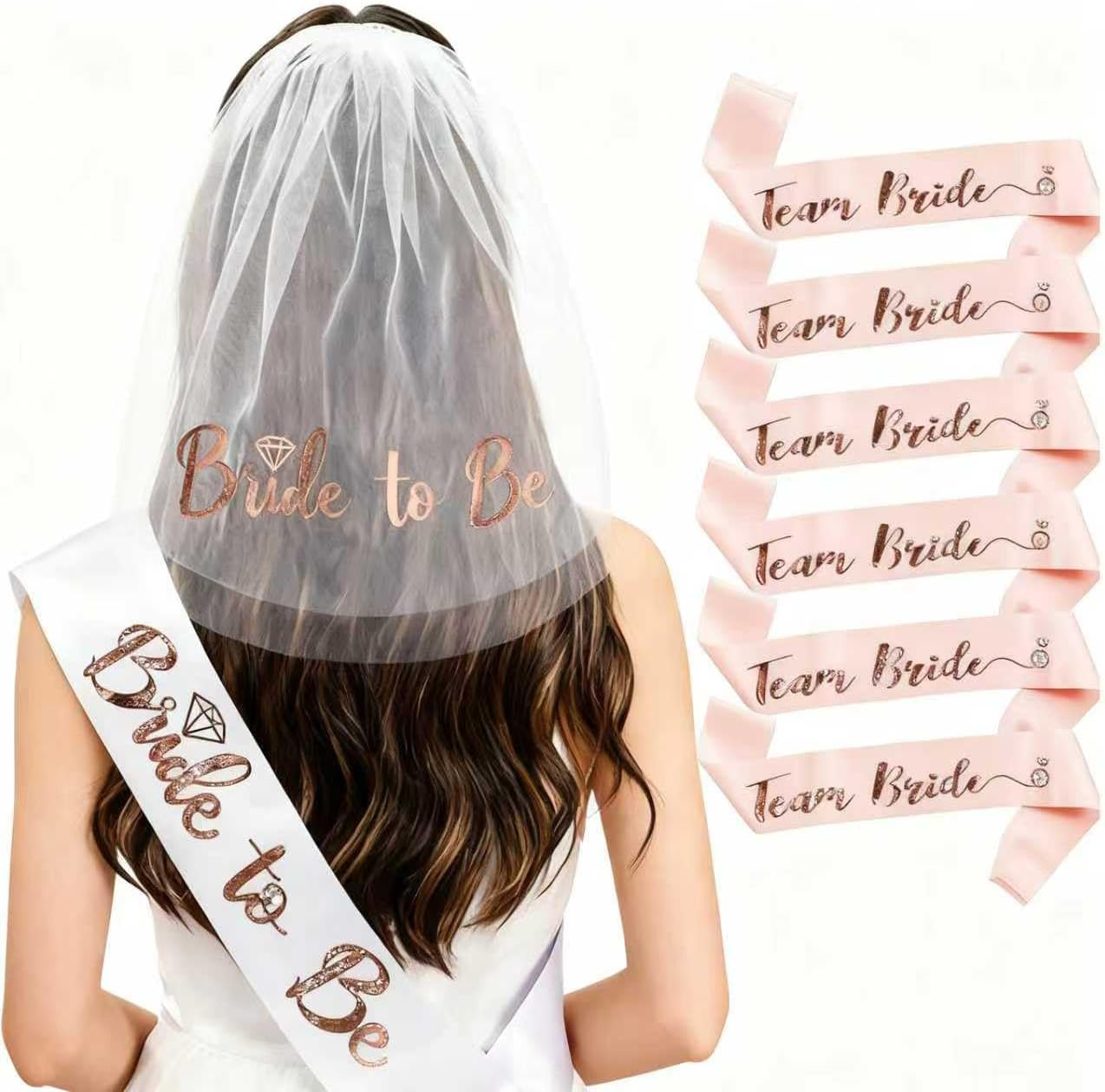 Bride to Be Sash and Veil Set - 1 White Bride to Be Sash, 1 Bride to Be Veil and 6 Team Bride Sashes, for Bridal Shower Decorations, Hens Party Decorations, Bridal Showers, and Hens Parties image number 6
