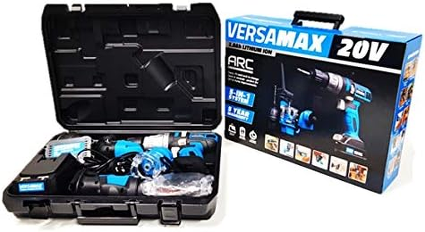 Versamax 5-In-1 Cordless Tool System &ndash; Drill, Saw, Driver & Multi-Tool Set &ndash; Compact Kit with Interchangeable Heads, Air Pump, 20V Battery & Case &ndash; Lightweight & Portable DIY Power Tools