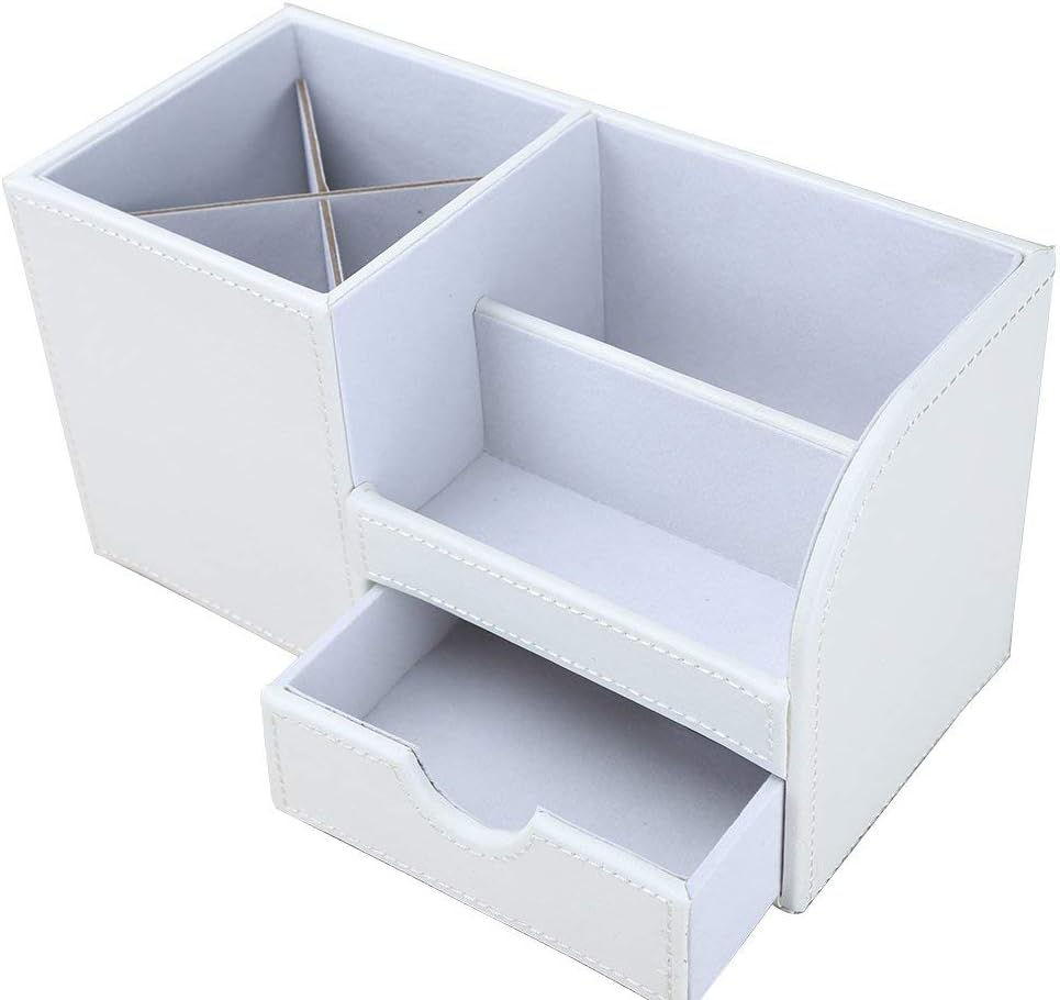 KINGFOM Wooden Struction Leather Multi-Function Desk Stationery Organizer Storage Box Pen/Pencil,Cell Phone, Business Name Cards Remote Control Holder White-Flannel - Brown image number 4