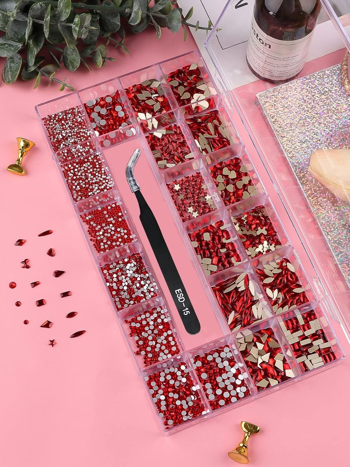 3100Pcs Red Rhinestones for Nails EBANKU Nail Art Rhinestones Kit Red Nail Crystal Rhinestones Mixed Shape with Rhinestone Picker Dotting Pen Tweezers for Christmas DIY Nail Art Craft