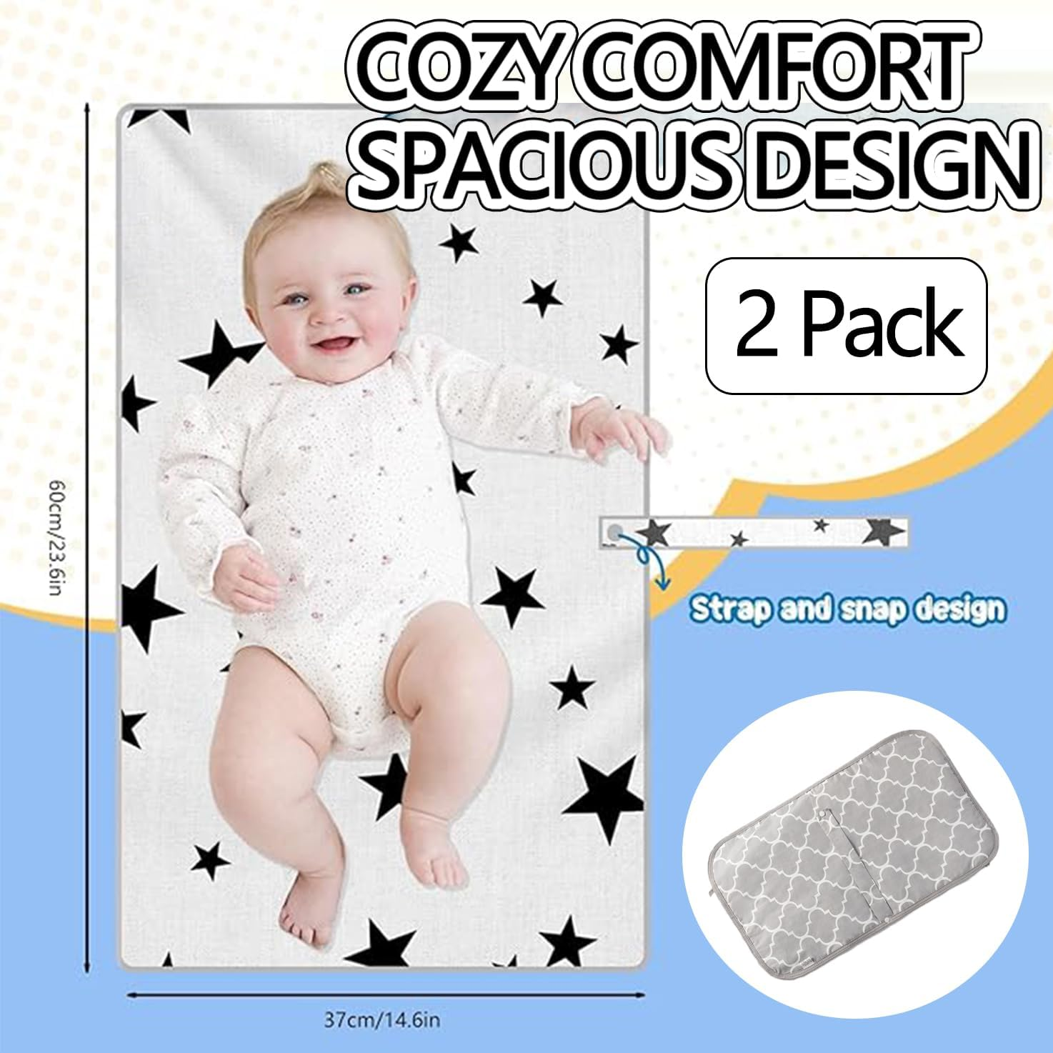 WADY 2 Pack Baby Diaper Changing Pads, Diaper Changing Pad, Waterproof Change Mat, Travel Baby Change Pad, Large Soft Cotton Foldable, Unisex Baby Stuff for Home Travel Outside, Reusable Change Mat (Stars+Lantern) image number 1