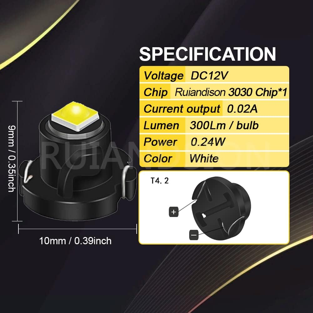 Ruiandsion 10Pcs T4.2 LED Bulb White 10Mm Base 5050 1SMD LED Bulbs for Car Dashboard Instrument Reading Gauge Panel Lights