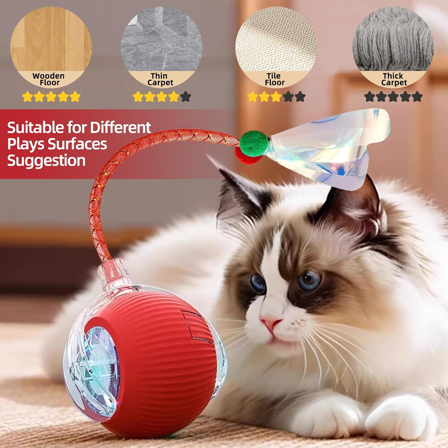 Interactive Cat Ball Toys, 360&deg; Intelligent Auto-Rolling Cat Toy Ball with Obstacle Avoidance, Smart Electric Toy for Indoor Cats image number 6