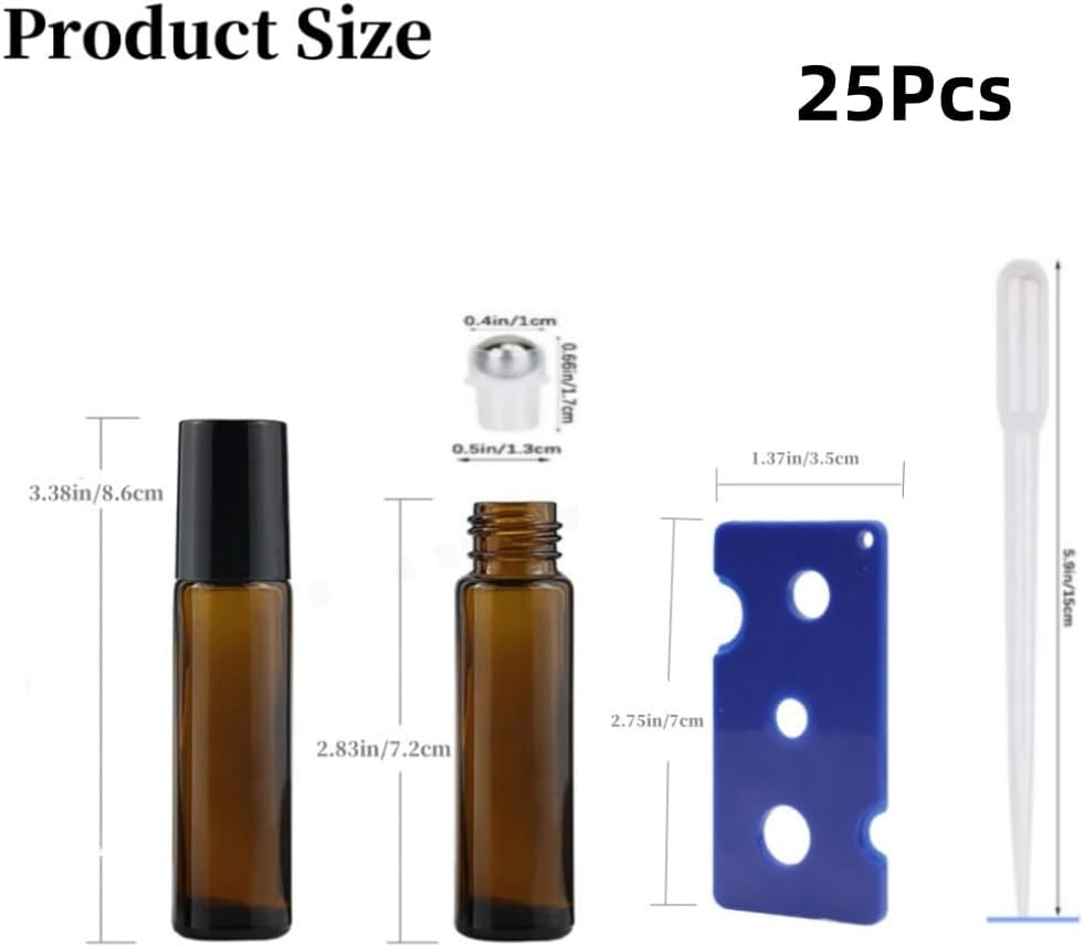 Fabselection Glass Roller Bottles, 25PCS Amber Essential Oil Roller Bottles with Stainless Steel Balls, 10Ml Oil Glass Bottle (3Xdropper,1Xball Opener,)