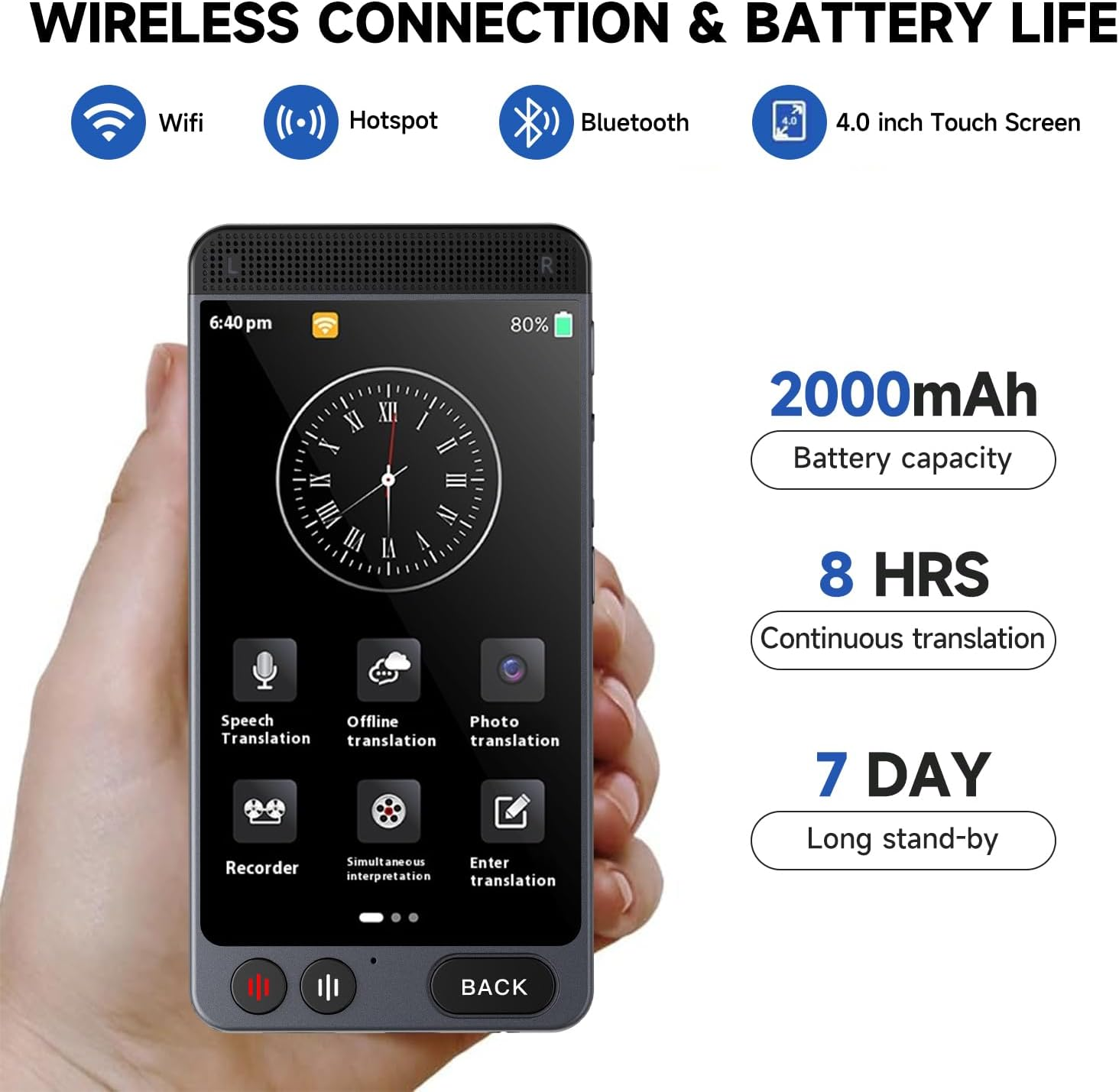 Language Translator Device, Two Way Real-Time Voice/Photo Translator with 142 Languages, Portable Online/Offline Instant Translation for Business Learning Travel, 4.0 Inch HD Touch Screen image number 4