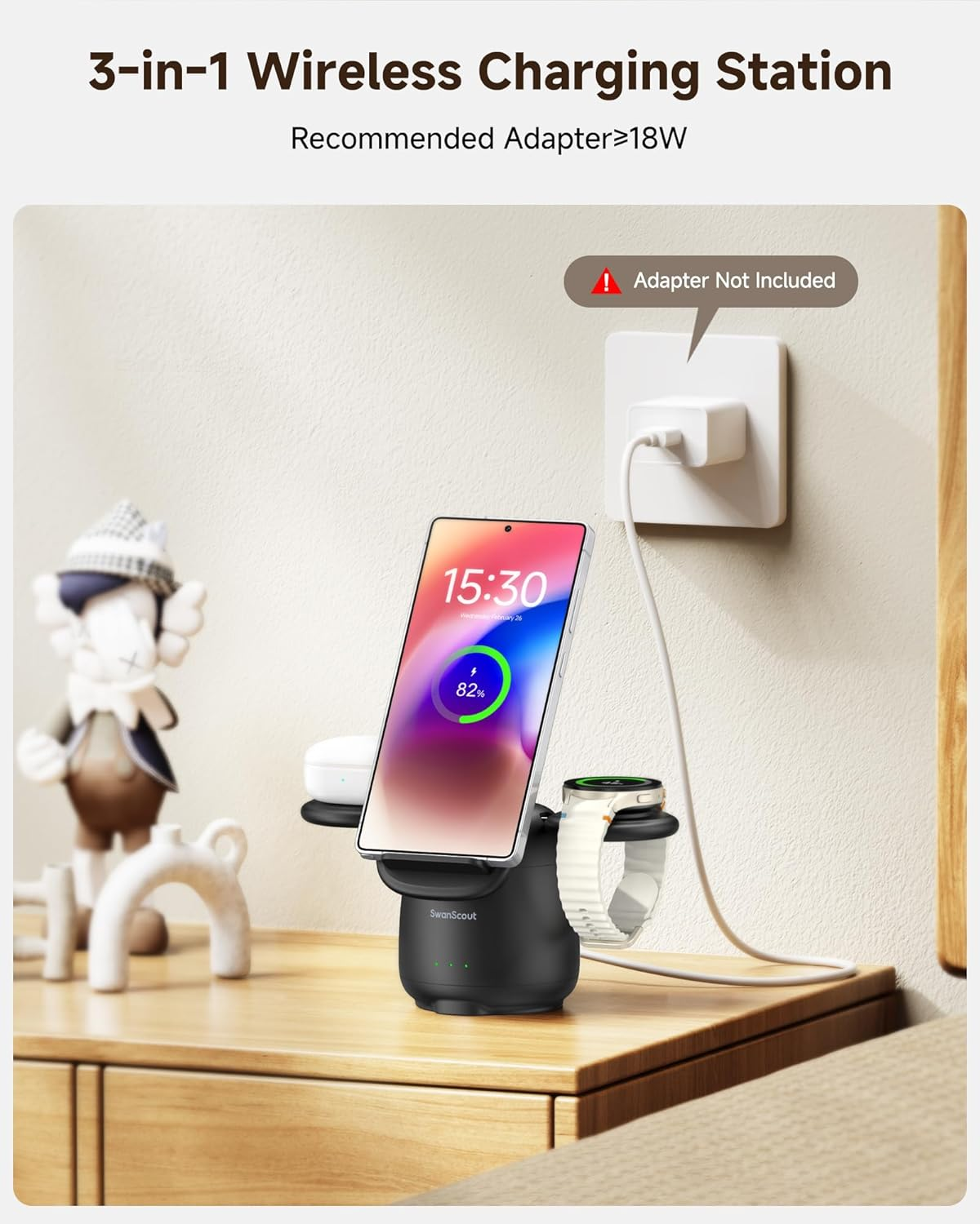 Swanscout Wireless Charger for Samsung S25 Ultra, 3 in 1 Charging Station for Samsung S25/S24/S23/Z Flip 7/Z Fold 7, Charger Stand for Galaxy Watch 8/Ultra/7/6/5, Galaxy Buds 3/Pro, 707S image number 4