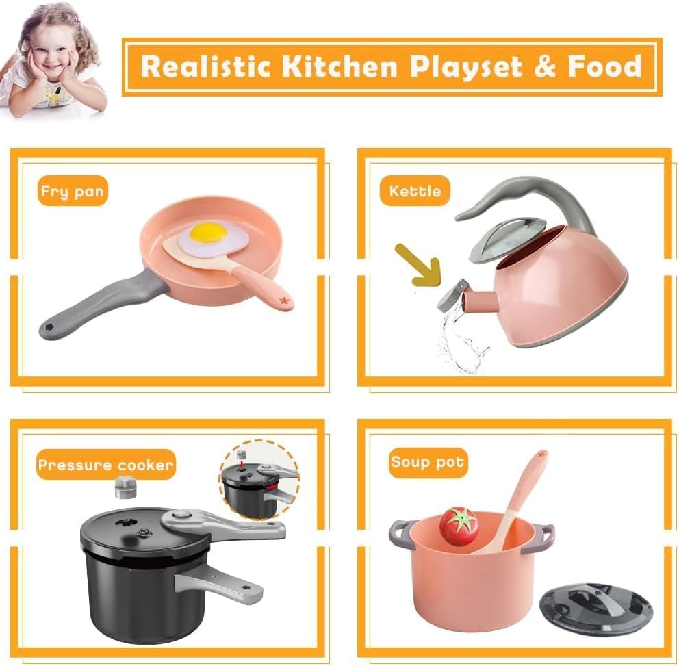 32Pcs Kids Play Kitchen Toys Set, Toddlers Pretend Cooking Playset Acccessories with Pots Pans, Utensils Cookware, Foods, Canned Veges, Learning Gift for Kids Girls Boys (Pink)