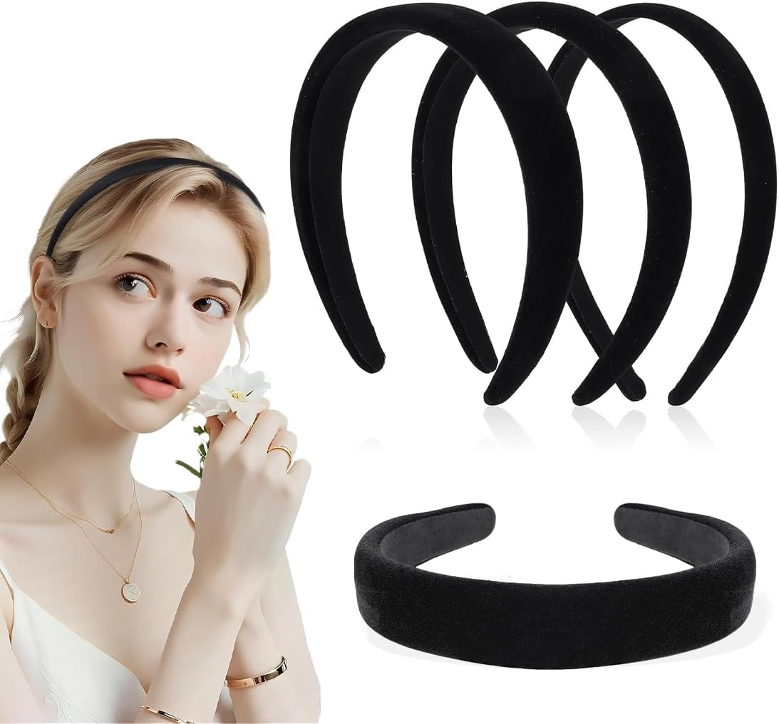 Set of 3 Velvet Hair Bands for Women, Black Hair Bands, Wide, Medium and Thin Hair Accessories, Fashion Hair Accessories for Women and Girls image number 5