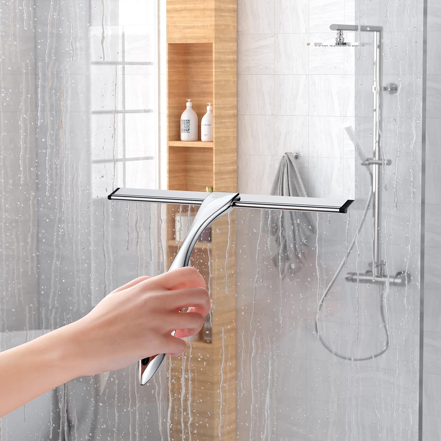 Shower Squeegee Set, 14-Inch Stainless Steel All-Purpose Squeegee for Bathroom, Doors, Mirrors, Tiles, and Car Windows - 100% Streak Free, Includes Door Hook and Adhesive Hook image number 7