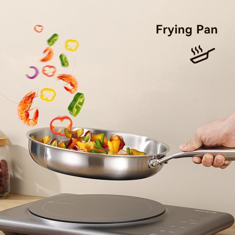11 Inch (28 Cm) Flat Bottomed Frying Pan, Made of 304 Stainless Steel, Flat Bottomed Pan with Lid,Uncoated（Ptfe & Pfoa-Free）,Compatible with Gas, Electromagnetic, and Electric Stoves image number 4