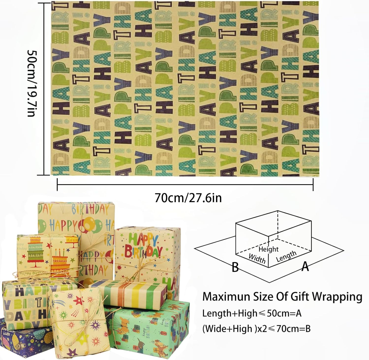 ZCOINS 8 Sheets Birthday Gift Wrapping Paper 70 X 50 CM with Hanging Tags Strings Tapes Recyclable DIY Present Wrapping Kraft Paper for Kids Women Men Birthday Baby Showers Kids Crafts Holidays image number 2