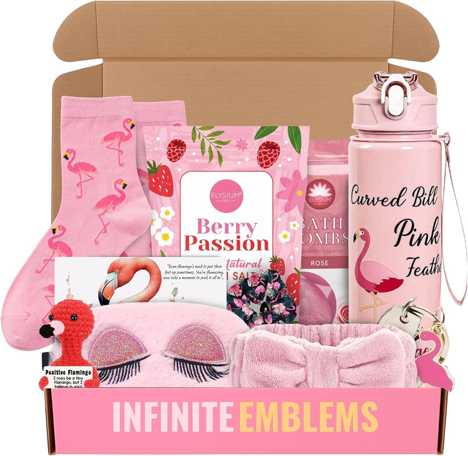 Infinite Emblems Flamingo Gifts Set for Women with Positive Crochet Flamingo, Keyring, Water Bottle, Socks, Bath Bomb, Bath Salt, Sleep Eye Mask, Scrunchies, Pink Headband and Affirmation Card image number 3