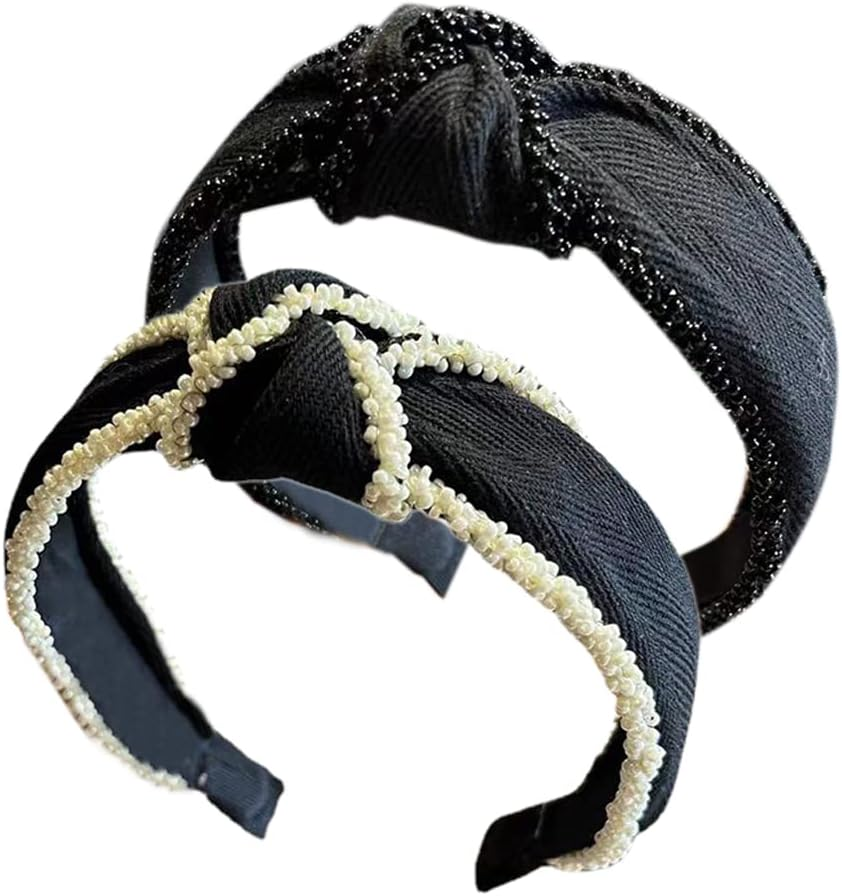 Boho Bow Tie Knotted Fabric Headbands Knotted Hair Bands Elastic Fabric Headgear Vintage Flower Headband Turban Headband for Women (Beadde) 2 Pieces - Cashewred image number 2