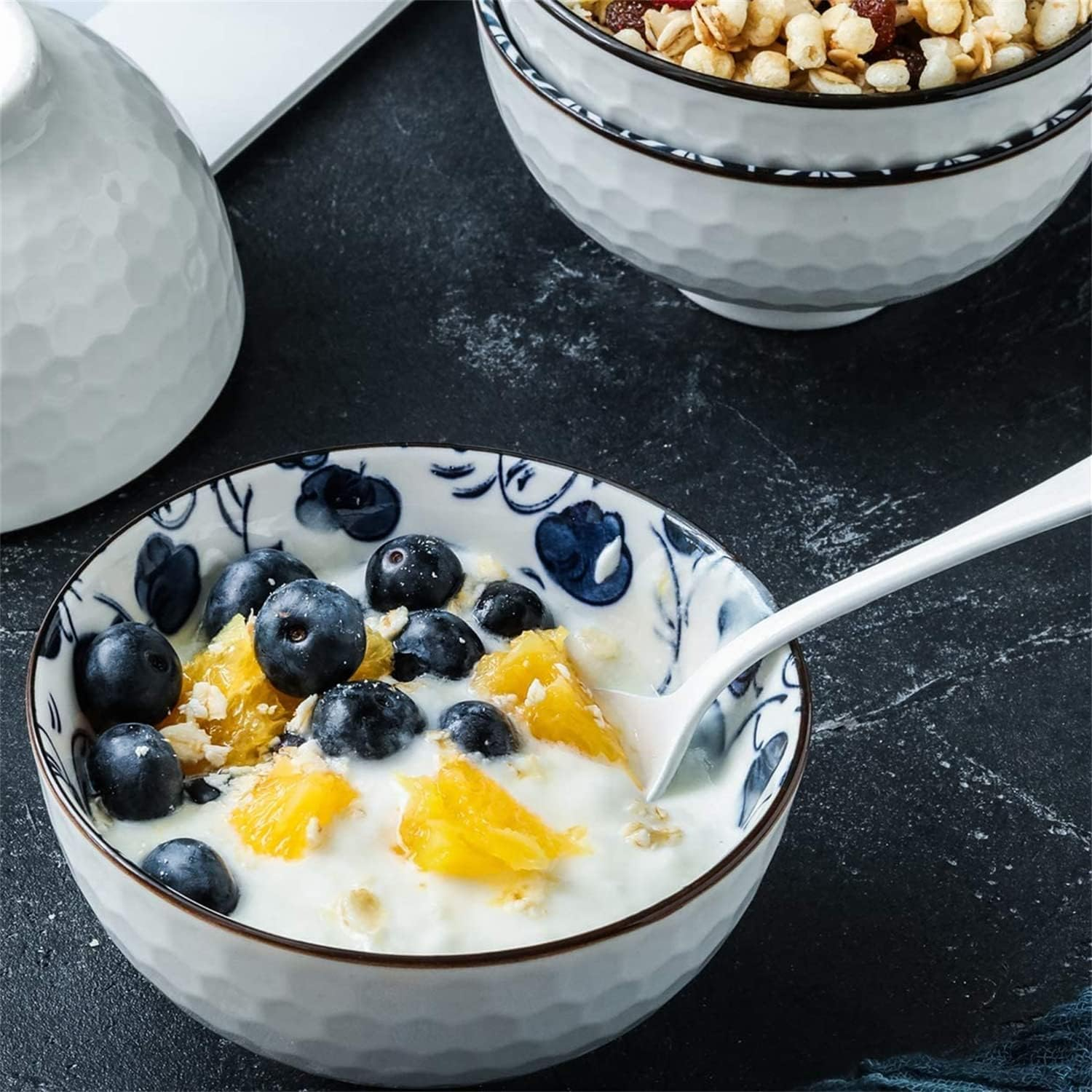 Porcelain Cereal Bowls 10 Ounces,Ceramic Soup Bowl, 4.5 Inch Set of 6, Japanese Style Rice Bowls,Cereal Bowls for Kitchen,Vintage Blue and White Bowls for Rice Salad Snack, Dishwasher