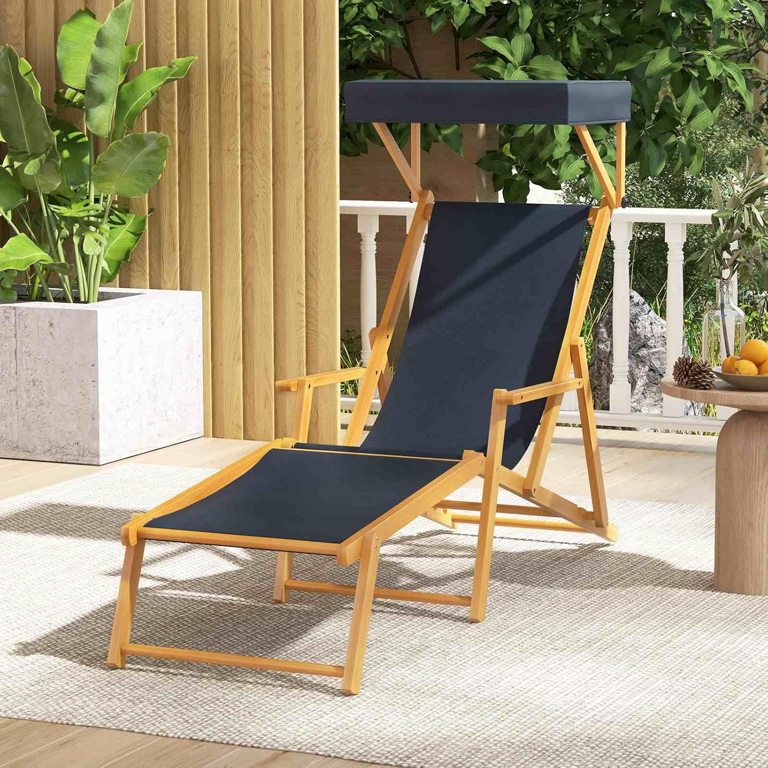 Costway Outdoor Birch Wood Chaise Lounge Chair, Foldable Beach Lounge Chair with Adjustable Canopy, Reclining Backrest and Footrest with Replacements for Patio Poolside (Navy + Natural) - Brown + Natural image number 4