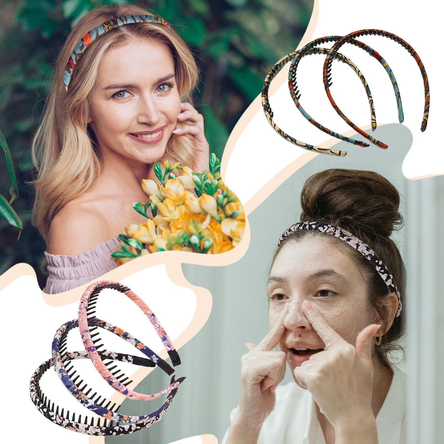 Pack of 6 Flower Headbands, Shark Tooth Headbands, Non-Slip Headbands, Flower Crochet Headbands, Cute Headbands for Girls, Colourful Fashionable Headwear image number 2