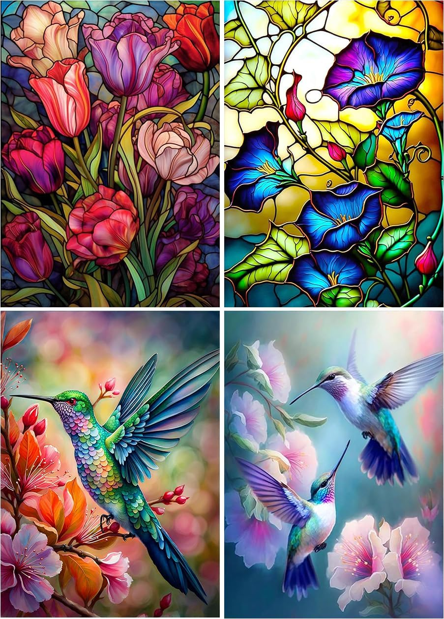 RYMILIE Diamond Painting Kits for Adults - 4 Pack Flowers and Hummingbirds DIY 5D Diamond Art Kits Full Drill Diamond Dots Paintings with Diamonds Gem Art and Crafts Home Decor 12X16Inch image number 3