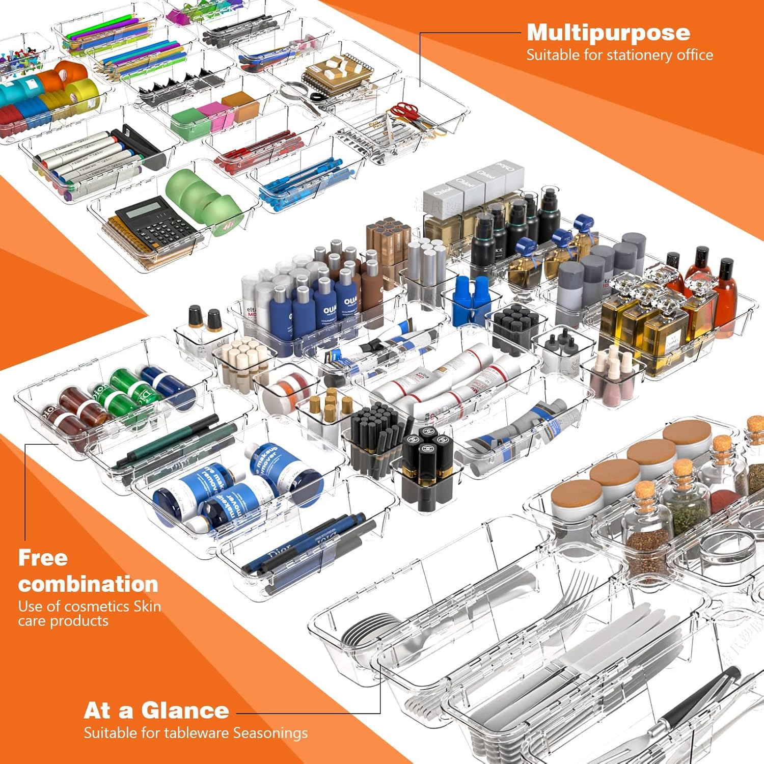 25 Pcs Adjustable Clear Plastic Drawer Organiser Set, 4 Sizes Desk Drawer Divider Organizers and Storage Bins for Makeup, Jewelry, Gadgets for Kitchen, Bedroom, Bathroom, Office image number 2