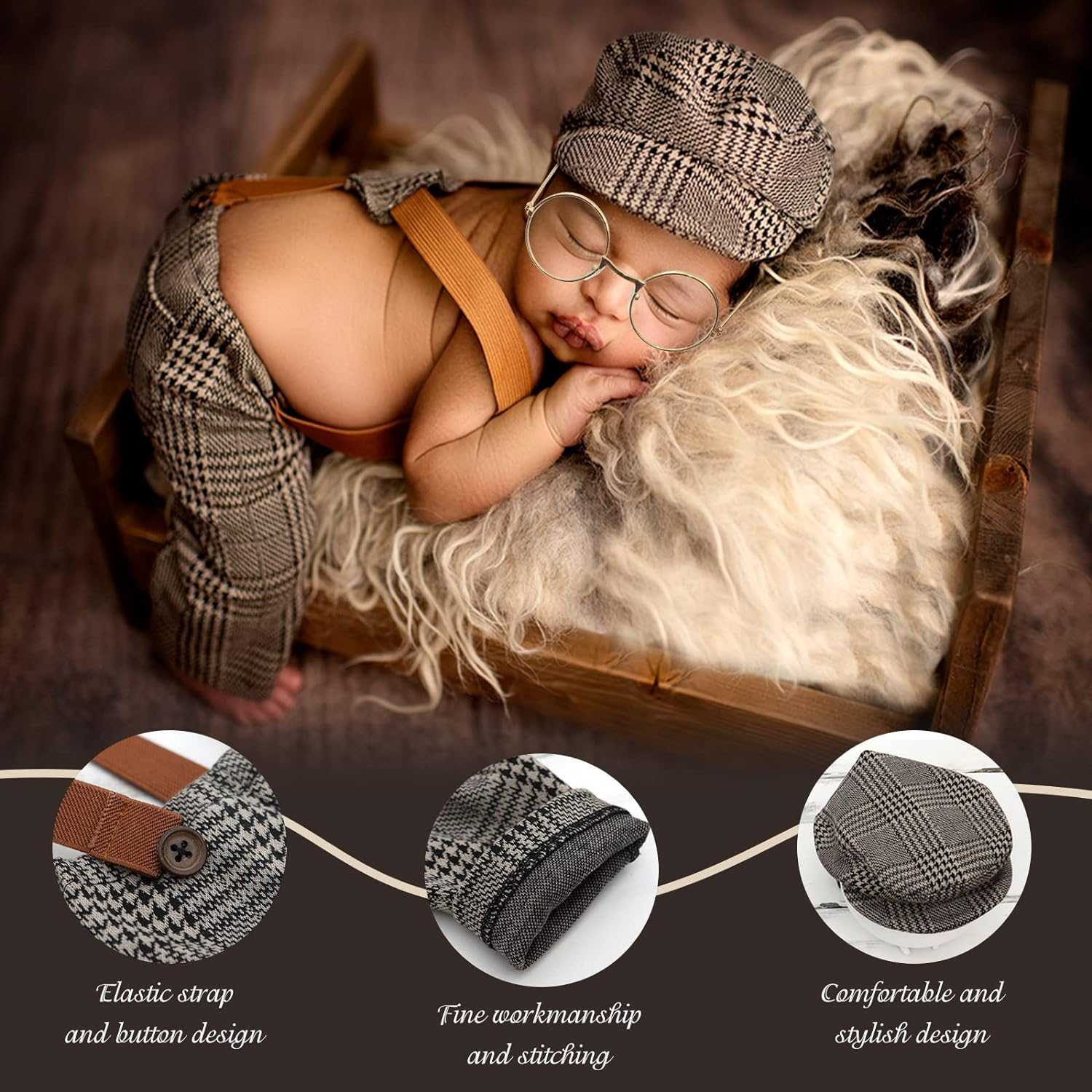 SPOKKI 4 Pcs Newborn Baby Photo Props, Lattice Rompers Suspender Pants with Beret Glasses Bow Tie for Infant Boys' Costumes, Newborn Boy Photography Outfit Set, Checked Fabric Gentleman Suit (Brown) image number 3