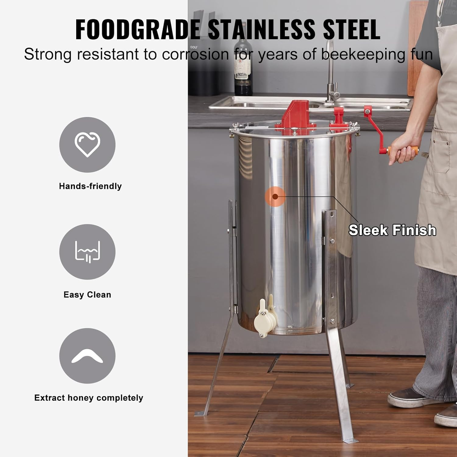 VEVOR Manual Honey Extractor, 2/4 Frames Honey Spinner Extractor, Stainless Steel Beekeeping Extraction, Honeycomb Drum Spinner with Lid, Apiary Centrifuge Equipment with Height Adjustable Stand - 3 Frame image number 2
