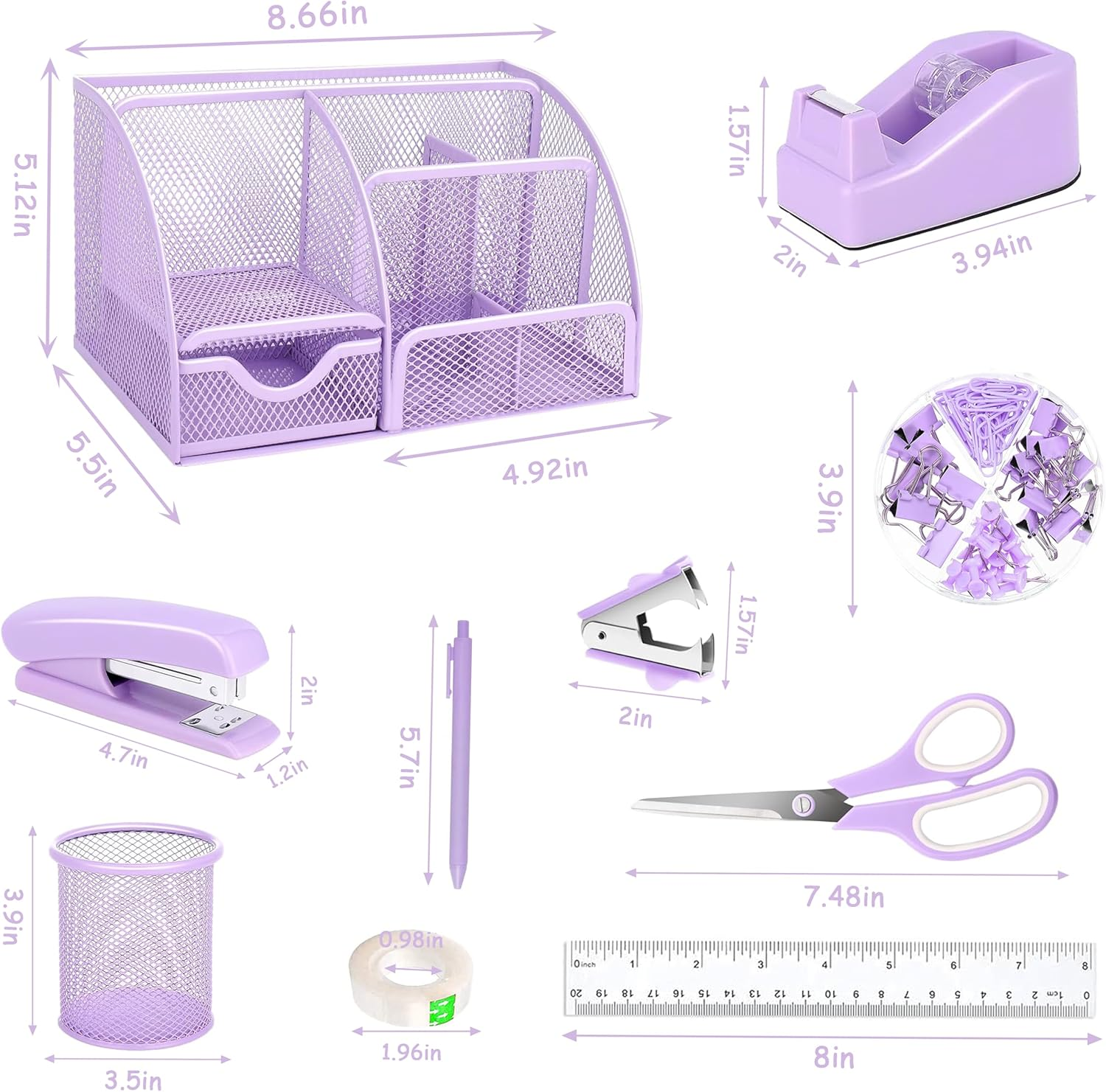Purple Office Desk Accessories Supplies, 12Pcs Desk Organizers and Accessories with Tape Dispenser and Stapler,Staples,Staple Remover,Pen Holder,Scissor,Ruler,Sticky Tabs,Tape,Ballpoint Pen,Clips Set - Black image number 3