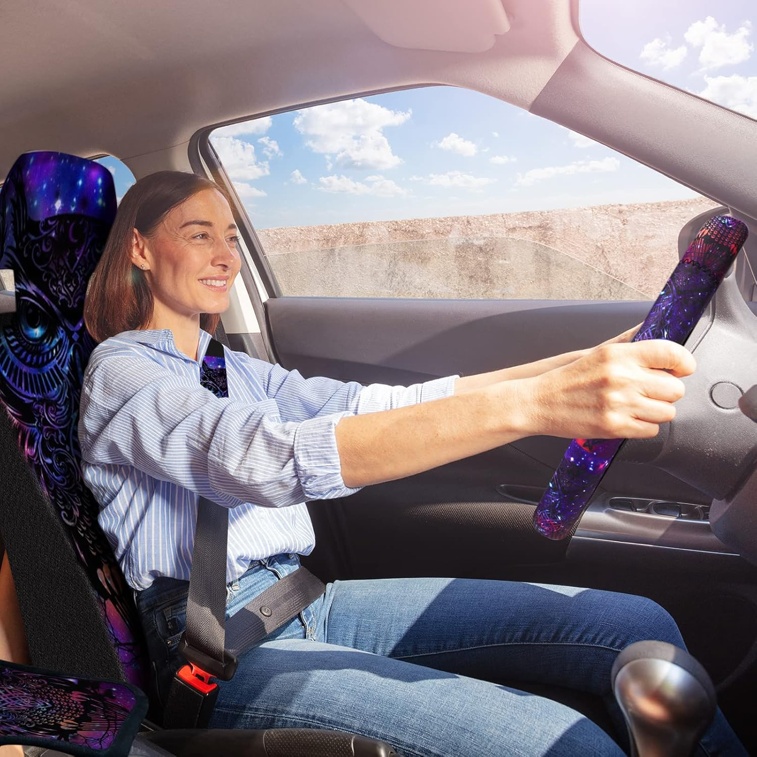 Riakrum 15 Pcs Purple Colorful Owl Car Seat Covers Full Set Space Cats Car Covers for Front Rear Seat Steering Wheel Wrist Strap Armrest Pad Shoulder Pads image number 5