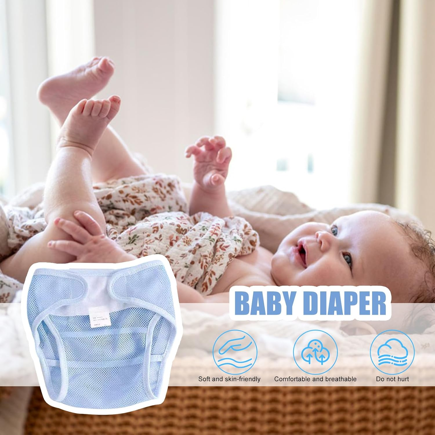 Baby Cloth Diapers, Washable Reusable Diapers, Mesh Pants for Sensitive Skin Travel Use, Leak Protection Cover for Daycare