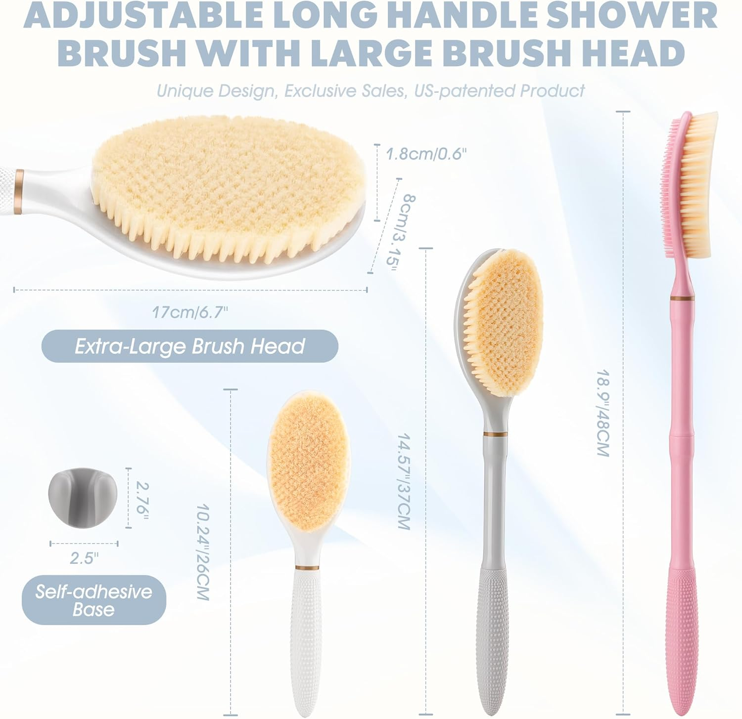 GEENOA New Back Scrubber Anti-Slip for Shower, 18.9&lsquo;&rsquo; Corn-Handle Shower Back Scrubber with Dual-Side Head & Soft Bristles, Adjustable Shower Brush Bath Brush for Lathering & Cleansing(Gray-L)
