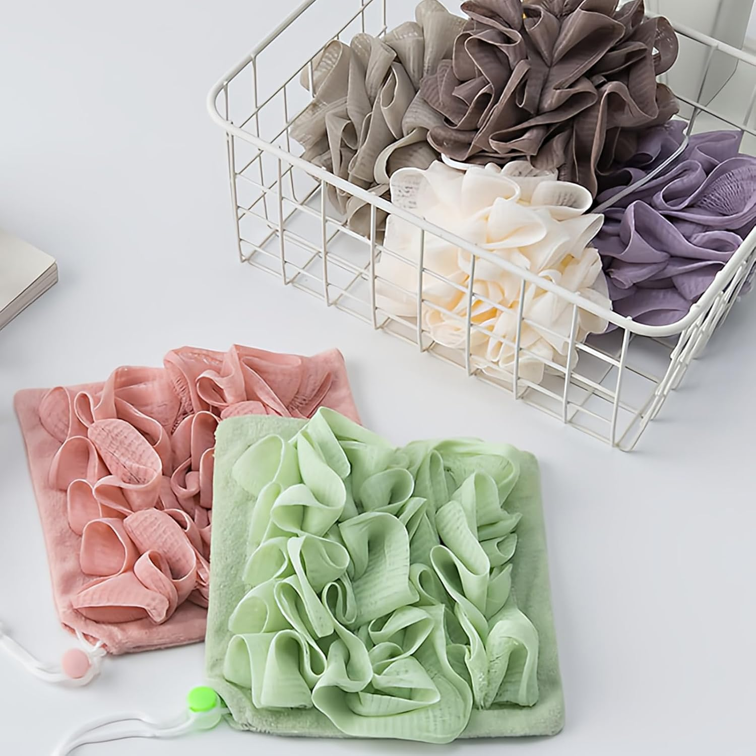 Reignsword 3 Pack 2-In-1 Washcloth Loofah Combo, Exfoliation Bath Loofah Sponge with Drawstring, Mesh Shower Ball for Body Wash and Cleanse Skin (Khaki+Brown+Pink) image number 2