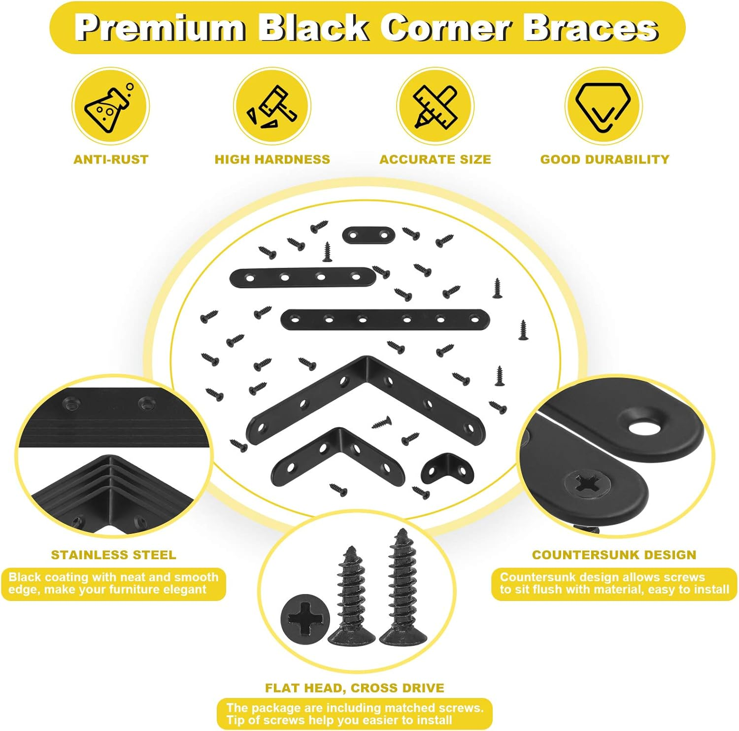 Mardatt 24 Sets Black Corner Braces L Brackets and Straight Braces Mending Plates Heavy Duty Assortment Kit with Screws Fasteners for Wood Shelf Chair Cabinet Furniture (20/50/100Mm,40/100/160Mm) image number 2