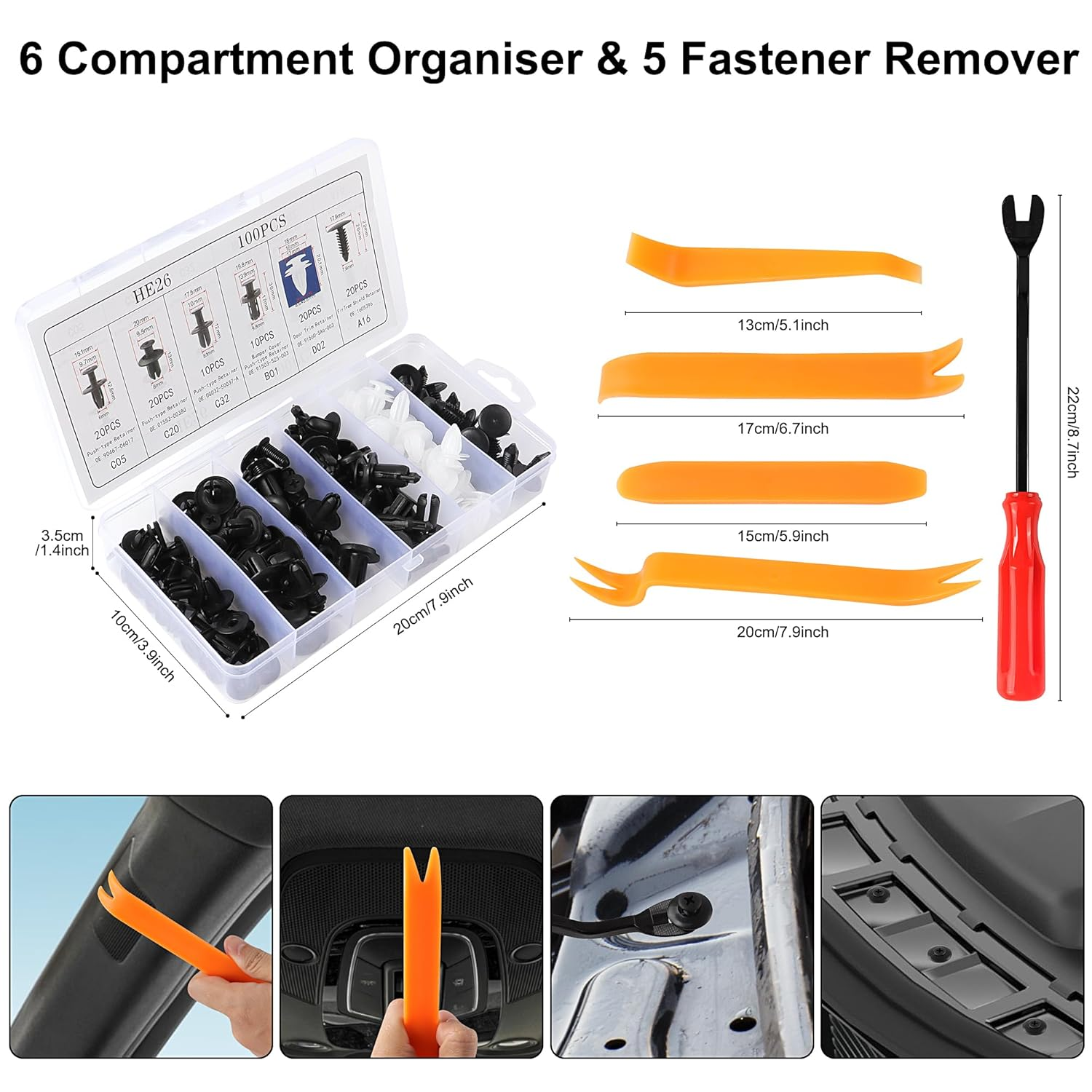 JUNART Universal Car Fastener Kit with 100 Plastic Rivets and 5 Removal Tool,Suitable for the Repair and Shaping of Most Cars. image number 4