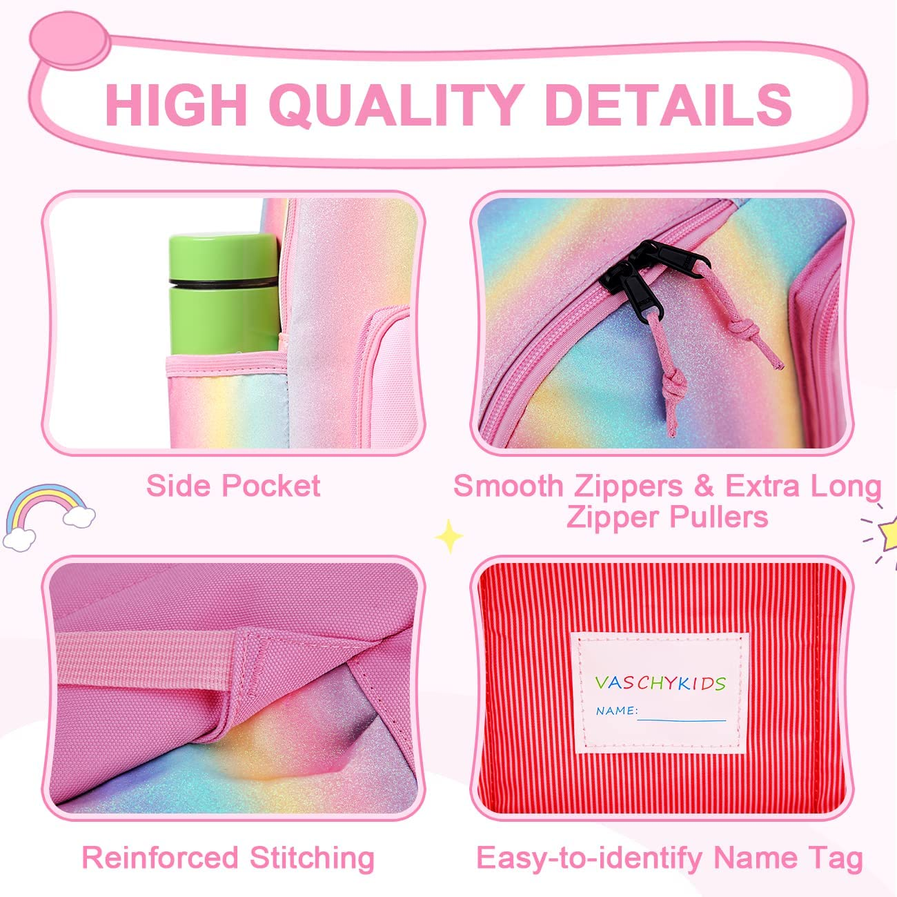 Backpack for Little Girls, VASCHY Cute Rainbow Lightweight Water Resistant Toddler Preschool Kindergarten Backpacks for Kids with Chest Strap - Mermaid Unicorn image number 3