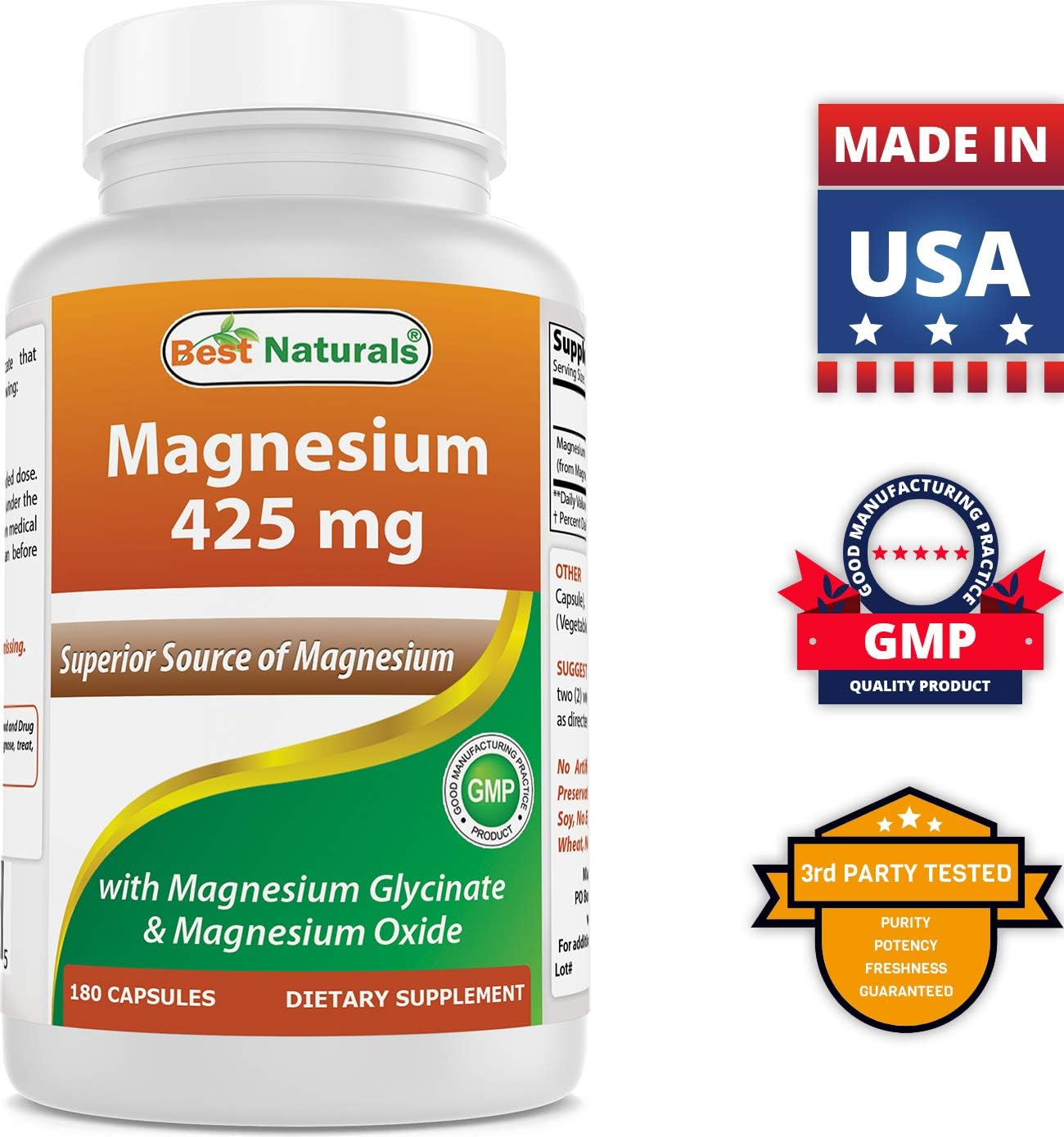 Best Naturals Magnesium 425 Mg 180 Veggie Capsules - High Absorption Magnesium Glycinate & Magnesium Oxide Chelated, Non-Gmo, Gluten Free Muscle Relax (180 Count (Pack of 2)) image number 4