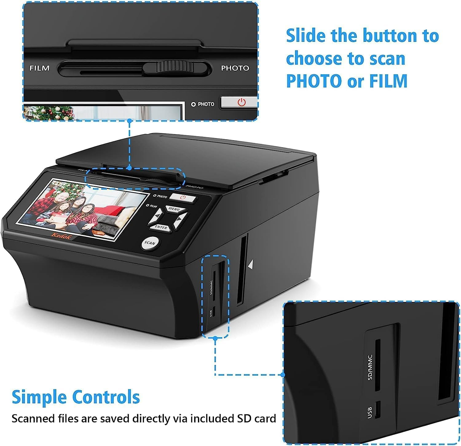 Multiscanner for Photos, Slides and Negatives, Photo Scanner for Digitizing with 5 Inch LCD Large Screen, Convert 35 Mm, 110 Film/Photo/Business Card to 22 MP Digital JPEG image number 1