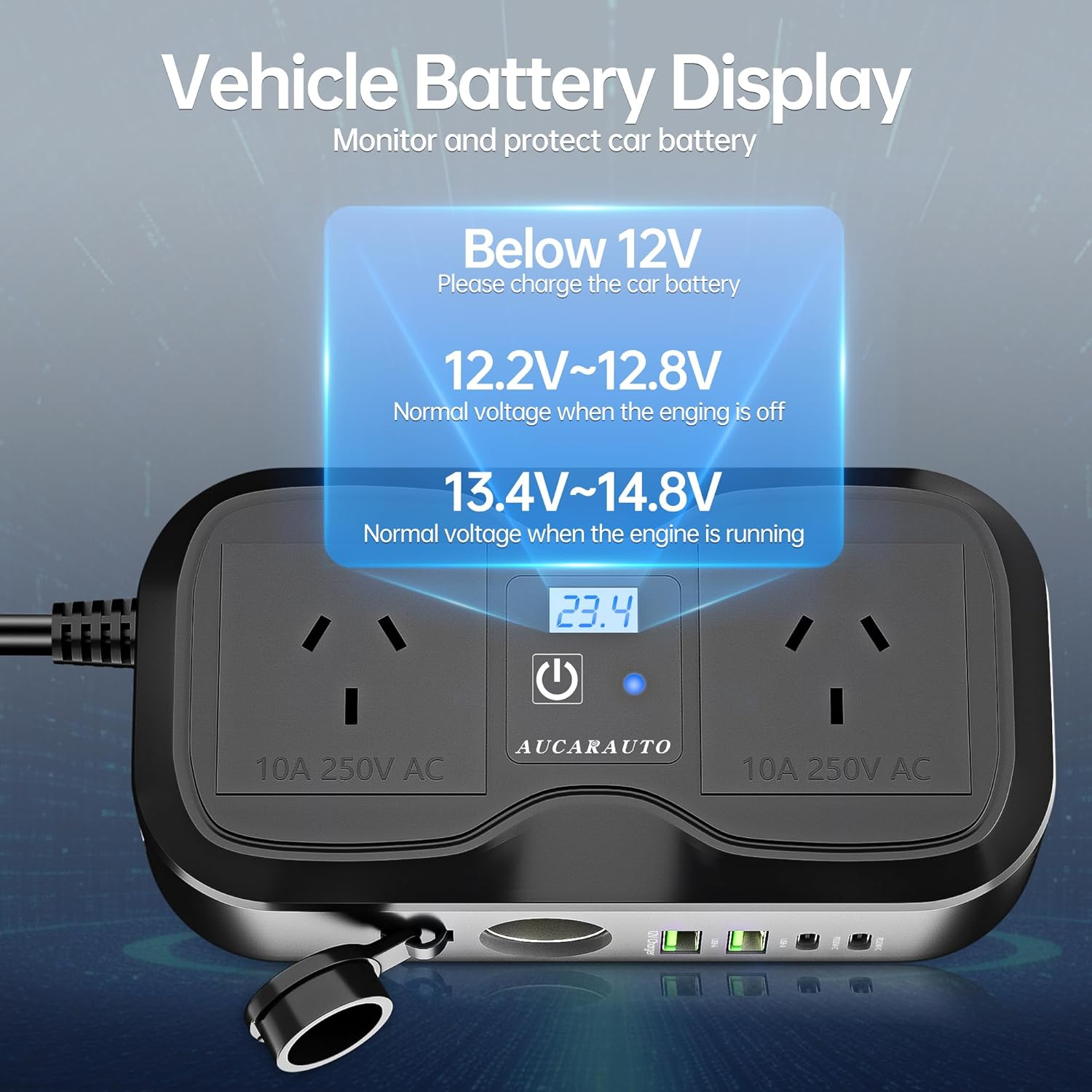 AUCARAUTO 200W Car Power Inverter, 7 in 1 Fast Charging Car Charger, DC 12V to 240V AC Car Plug Adapter Outlet with 10A Cigarette Lighter Splitter / 2 USB-A (18W) & Type-C Ports (20W) for Car Devices image number 5