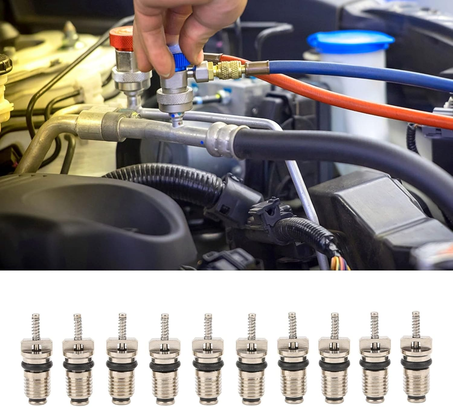50Pcs Car Air Conditioning Valve Core,R134 Automotive AC Valve Refrigeration Valve Cores Replacement Aluminium Alloy Copper for Most Automotive RV Air Conditioning Tire Remover image number 5