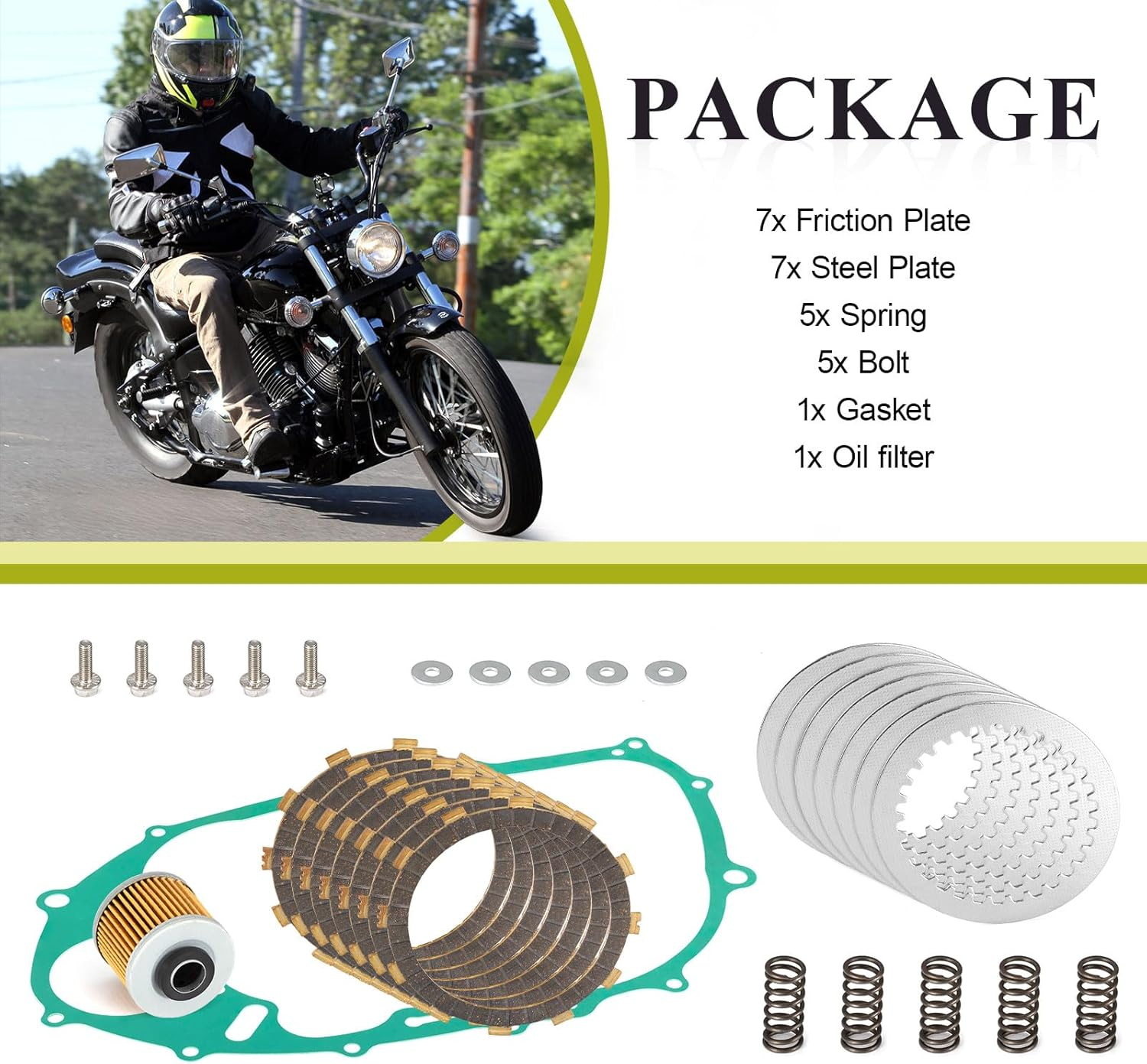 Heavy Duty Clutch Friction Plates Spring Bolt & Gasket Kit for Yamaha XVS650 V-Star 650 1998-2016 image number 1